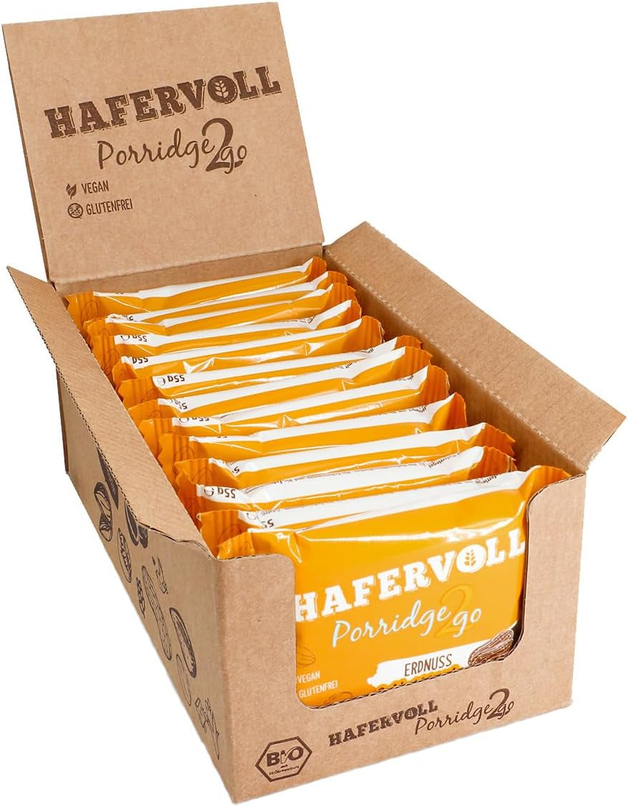 Hafervoll Porridge2go Arašídové máslo a ořechy, 13 tyčinek x 55 g – veganské, organické, bezlepkové, bez přidaného cukru přesnídávka, s ovesem, datlemi a quinoa cukrovinkami