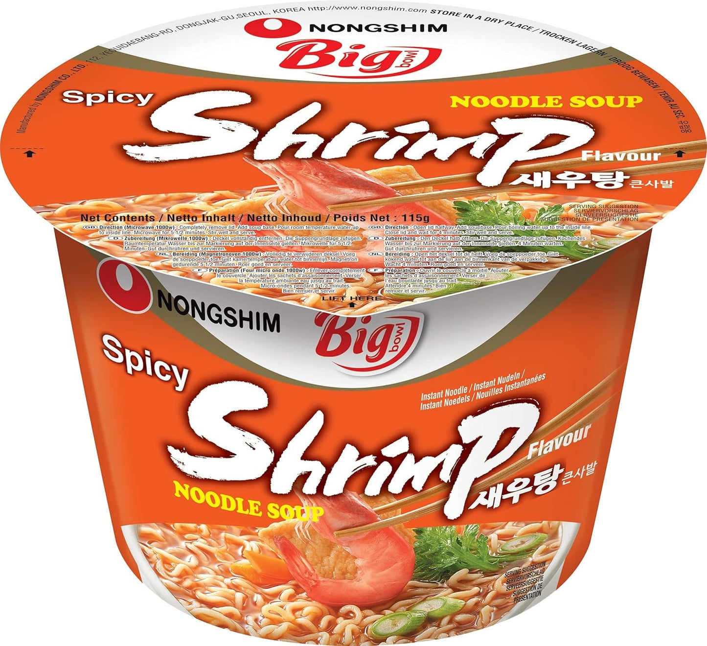 Nong Shim instantní nudle s krevetami, velká mísa – korejská polévka Ramen – rychlá příprava – 115 g (1 balení)