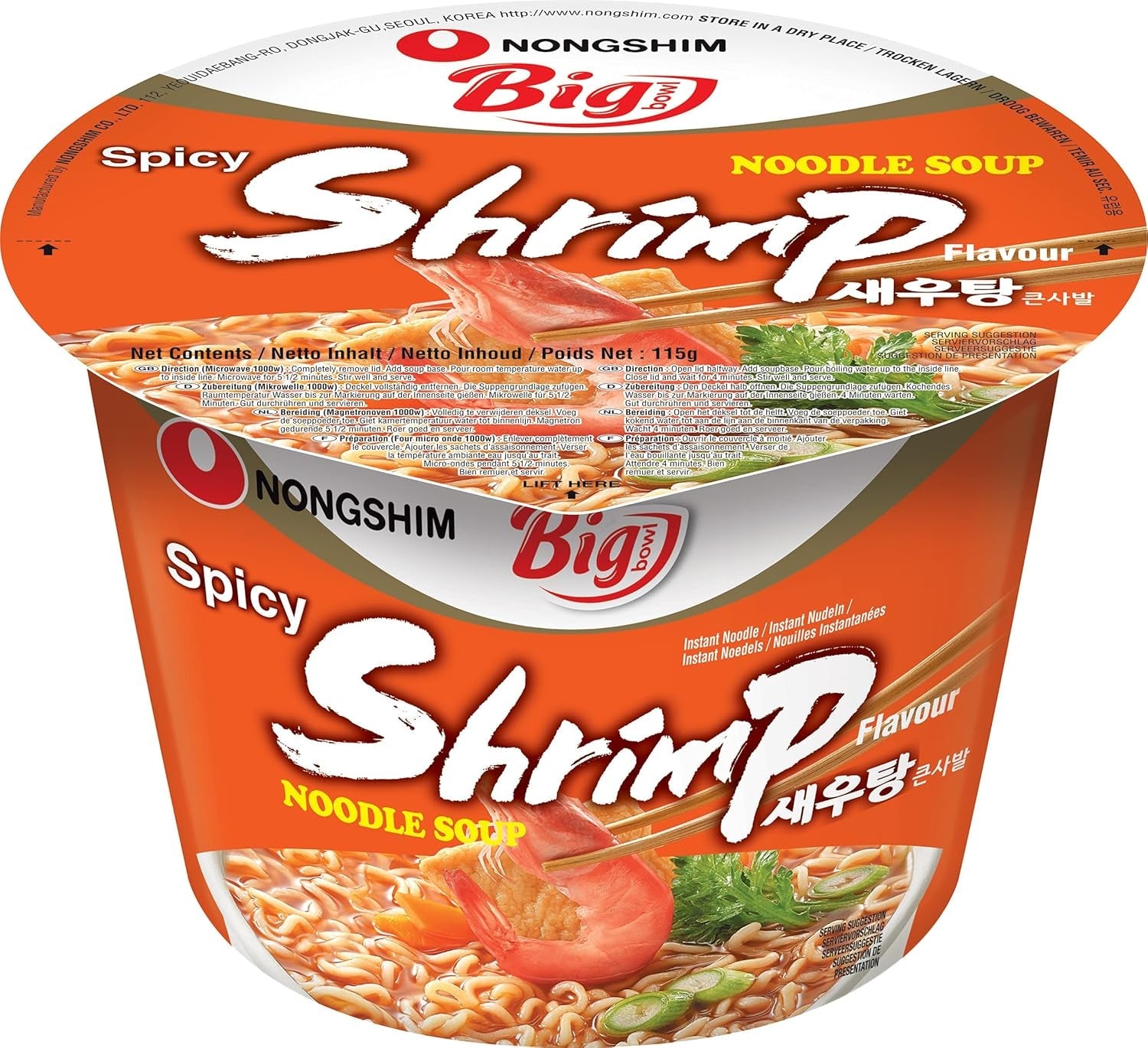 Nong Shim instantní nudle s krevetami, velká mísa – korejská polévka Ramen – rychlá příprava – 115 g (1 balení)