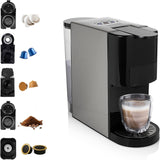 Vícekapslový espresso kávovar Princess 5 v 1 – kompatibilní s podložkami Nespresso, Dolce Gusto, Lavazza a Modo Mio a ESE, kapacita 0,8 l, 1450 W, stříbrná, černá