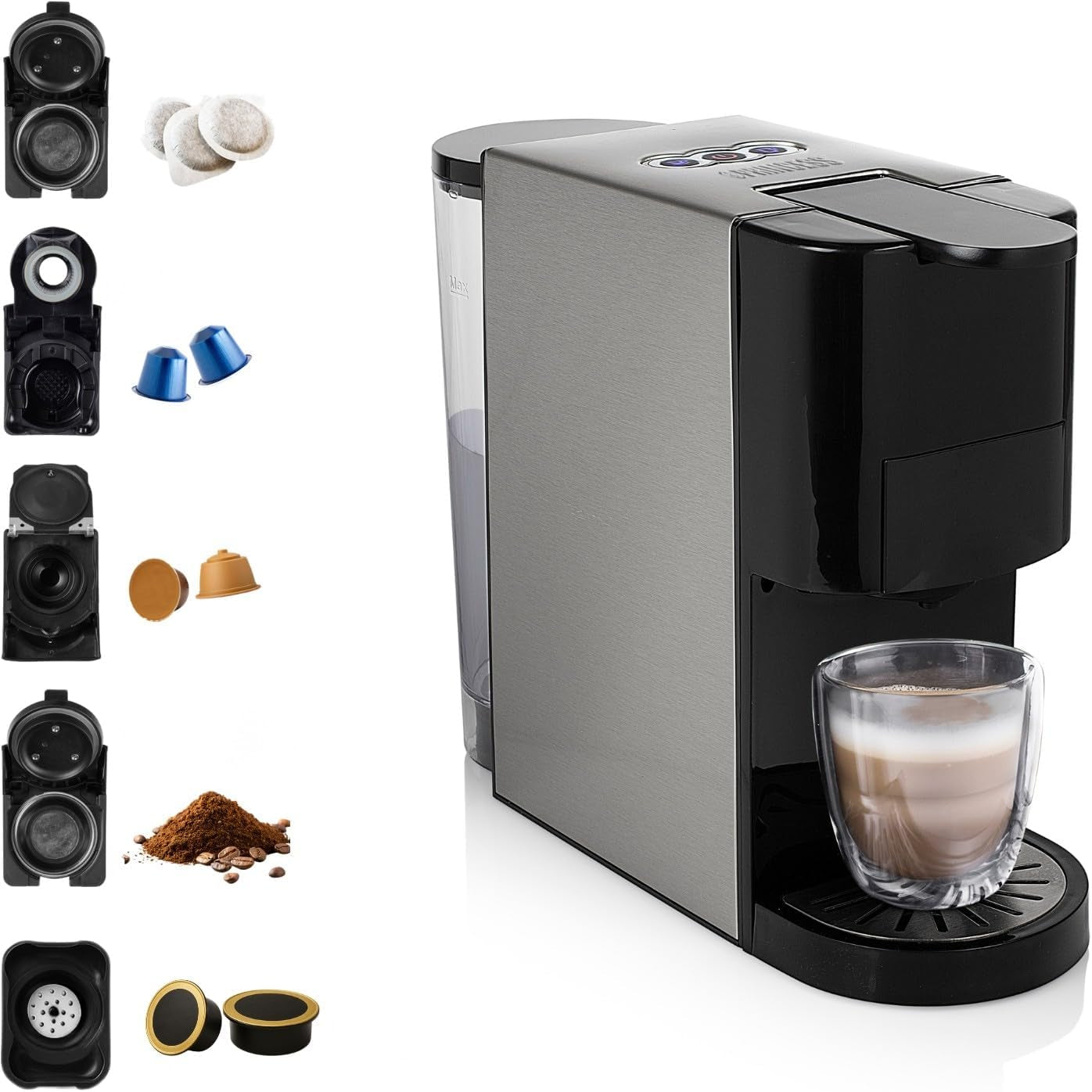 Vícekapslový espresso kávovar Princess 5 v 1 – kompatibilní s podložkami Nespresso, Dolce Gusto, Lavazza a Modo Mio a ESE, kapacita 0,8 l, 1450 W, stříbrná, černá