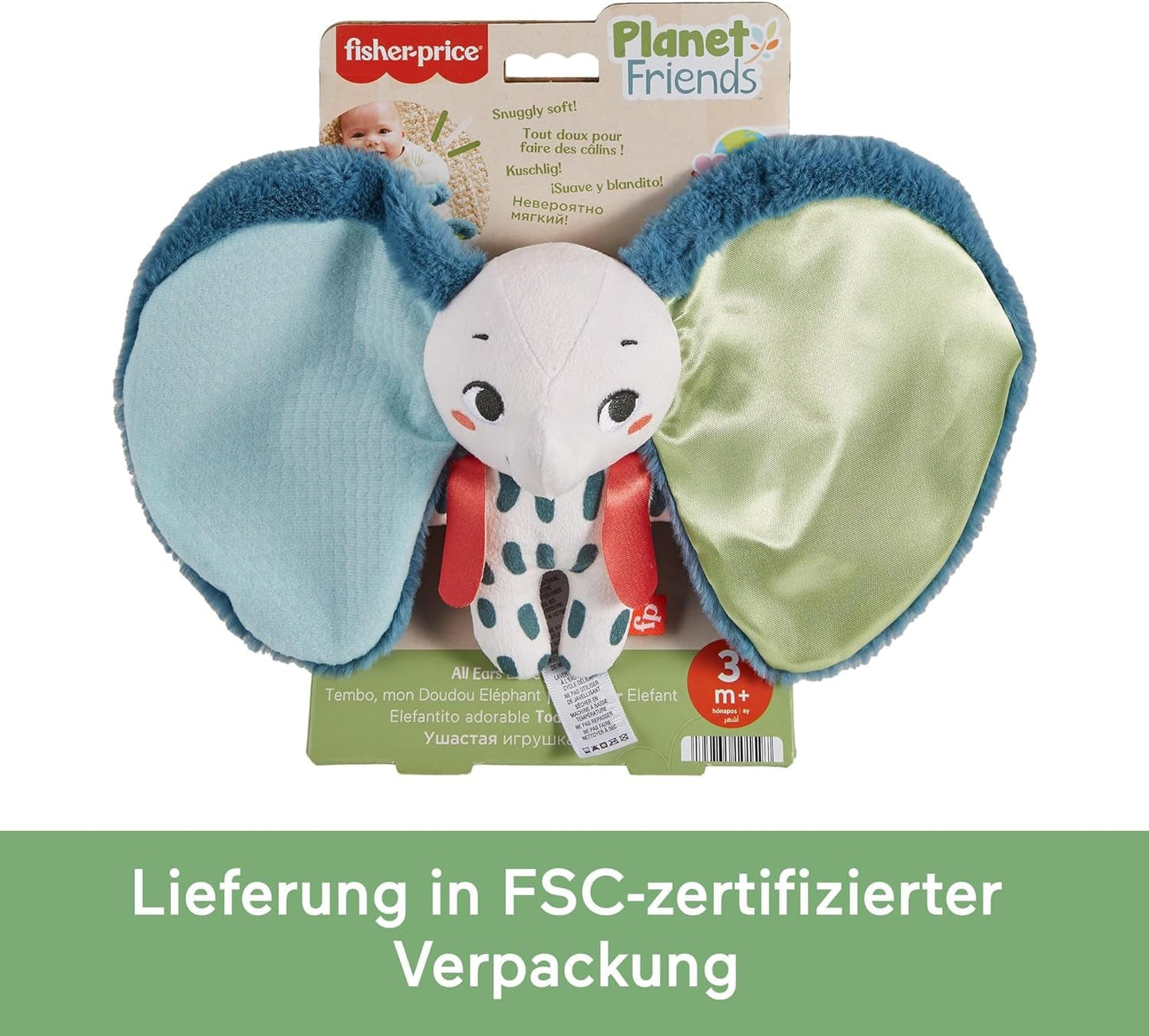 Fisher-Price Giant Ear Elephant – Rozkošná měkká plyšová hračka s extra velkýma ušima, vyrobená z 90 % recyklovaného plastu a FSC certifikovaným obalem, pro děti od 3 měsíců, HKD63 Bebe Toys Naty Shop
