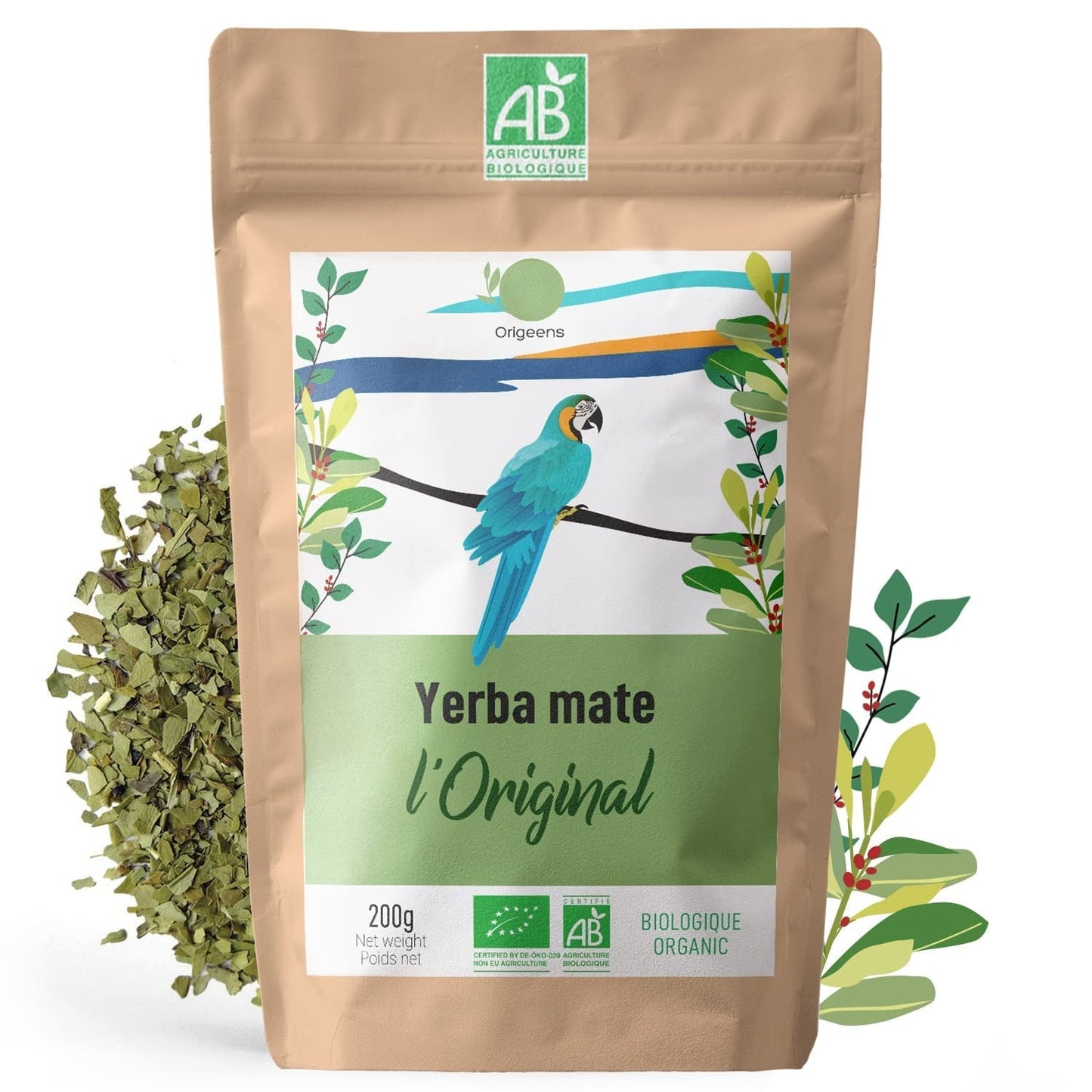 ORIGEENS BIO YERBA MATE TEA 200G - The Original I Bio Yerba Maté nepražený, listy, bez stonků, prachu a drobků I Energizující a detoxikační nápoj