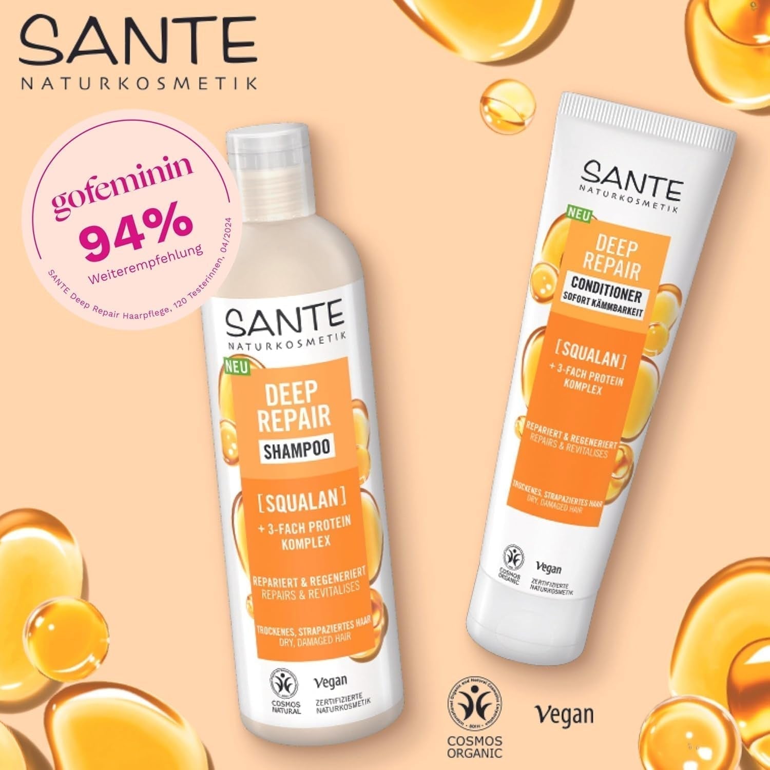 SANTE Natural Cosmetics Deep Repair Mask Squalane + 3x proteinový komplex, veganská maska na vlasy pro intenzivní hydrataci a pružné vlasy, opravuje a regeneruje poškozené vlasy, 150 ml Naty Shop Hair Mask