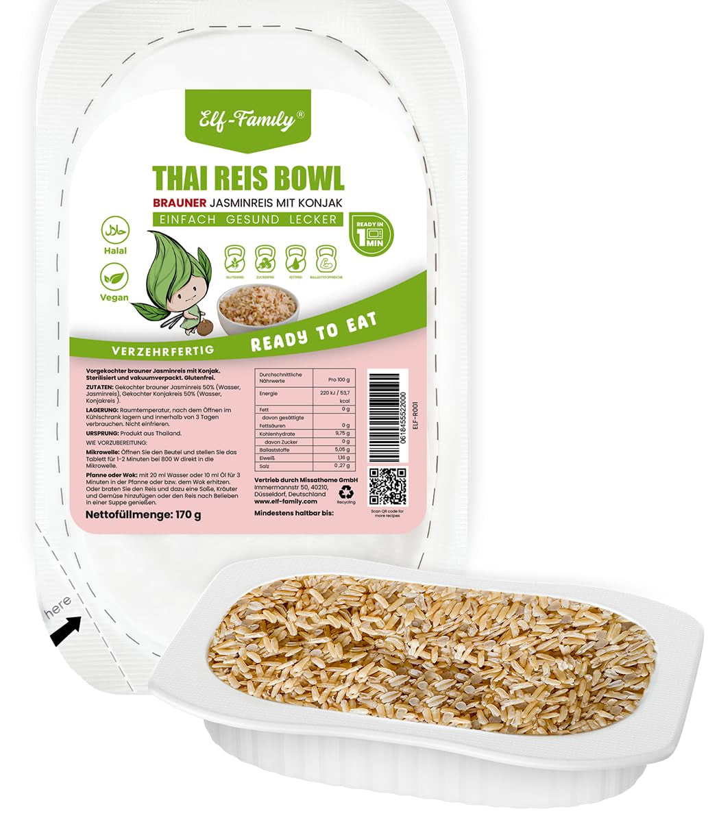 Elf-Family Konjak Reis Thai Brauner Shirataki Bowl -[Diätbox für 1 Wo.] - Instantní Jasmin Reis - Fertiggerichte für Mikrowelle - Natürlich Superfoods Mikronährstoffe - Vegan/Low Carb/Fettfrei- 6er Box