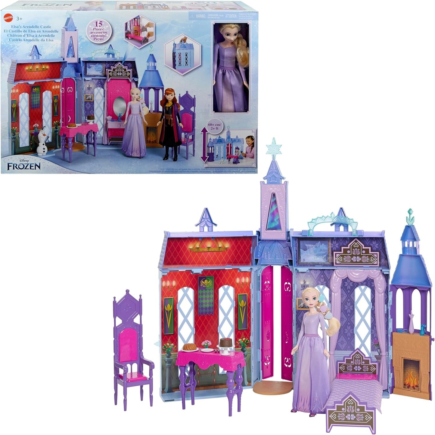 Mattel Disney Frozen – domeček pro panenky Castle Arendelle (60 cm+) s panenkou Elsou, 4 hřišť a 15 kusy nábytku a doplňků Disney Frozen II, HLW61