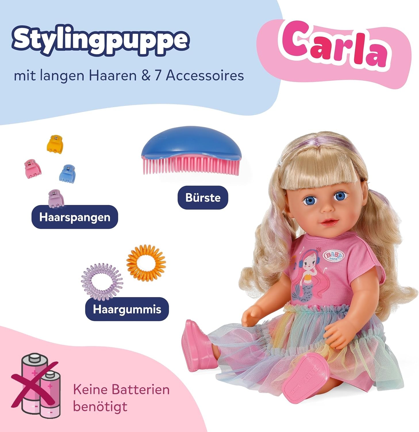 BABY born Carla - 43 cm panenka - kvalitní blond vlasy s pramínky - nejsou potřeba baterie - vhodné pro děti od 4 let - obsahuje 7 doplňků, růžová