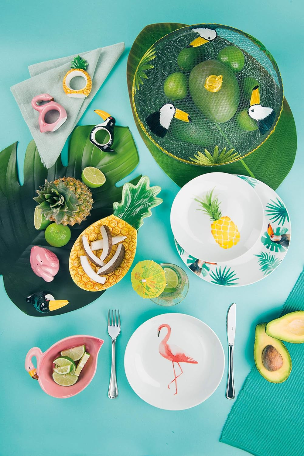 Sada nádobí Excelsa Tropical, 18 kusů, porcelán, bílá s dekorací