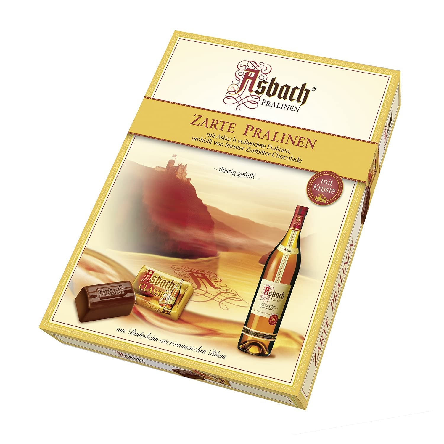 RCP Asbach jemné pralinky v krustovaných lahvích - 1 x 310 g - Hořká čokoláda s náplní Asbach