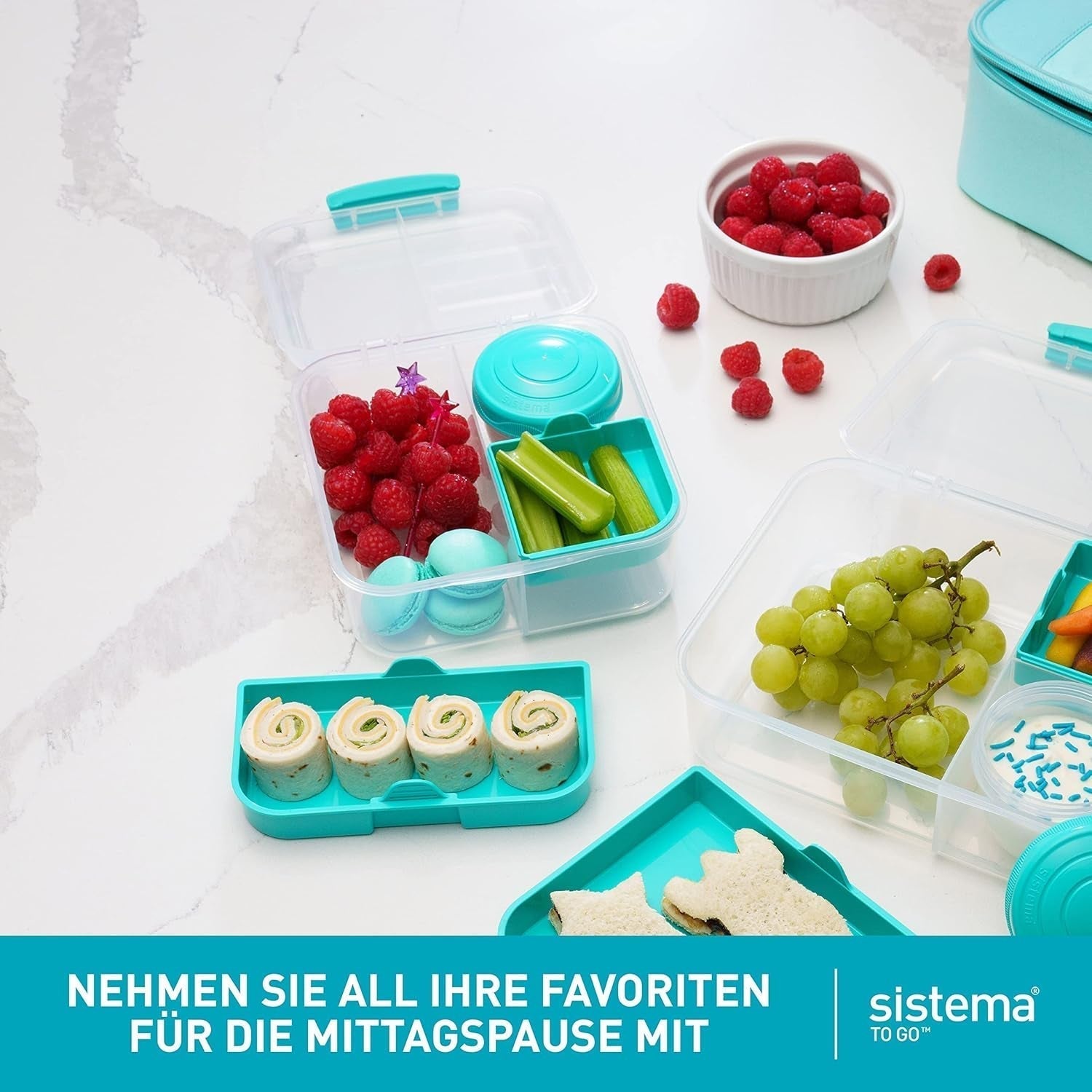 Systém obědových boxů Bento Box TO GO s přihrádkami | Box na oběd 1,25 l s nádobou na jogurt/ovoce | pro děti i dospělé l | Bez BPA Minty Teal [21685-8T], mátově zelená Naty Shop boxy na skladování potravin
