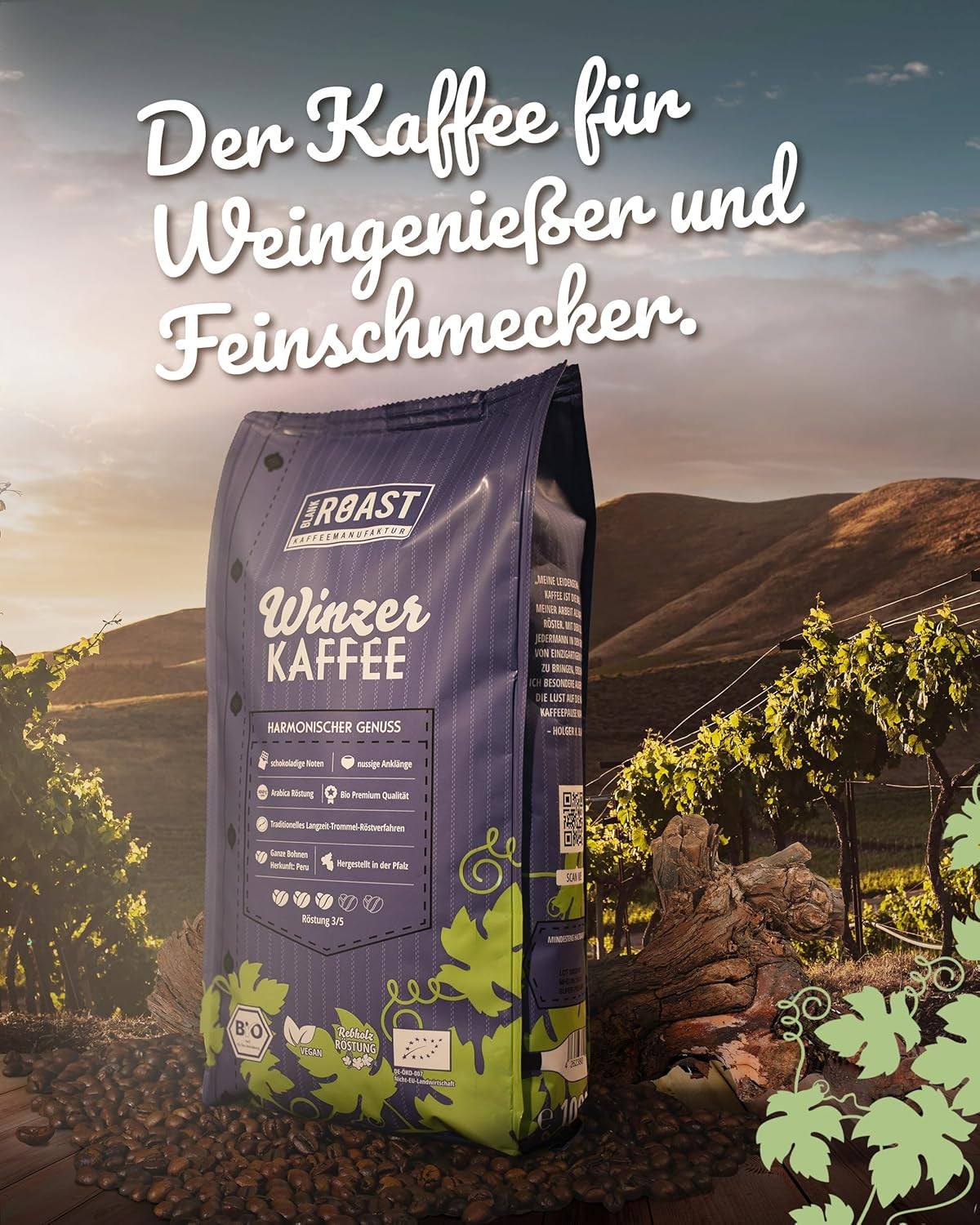 Blank Roast - BIO Winzer Kaffee 1000g - schonend mit Pfälzer Rebholz geröstet - ganze Kaffee-Bohnen aus Peru - 100% Arabica Röstung - schokoladig & nutsig - säurearm