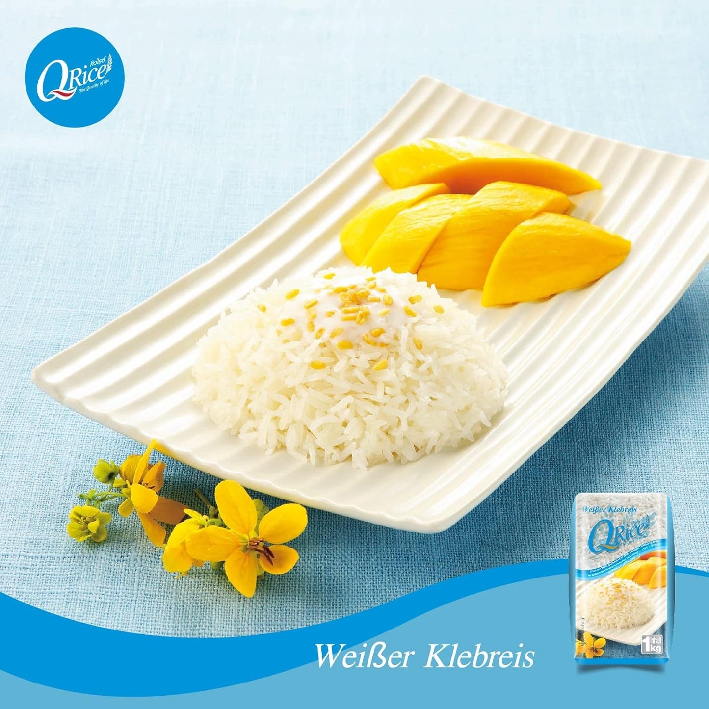 Q RÝŽE | Weißer Klebreis Langkorn z Thajska | Aromatisch mit klebriger Textur | Ideální na kari, sushi, mochi nebo rýžový nákyp 1 x 1 kg