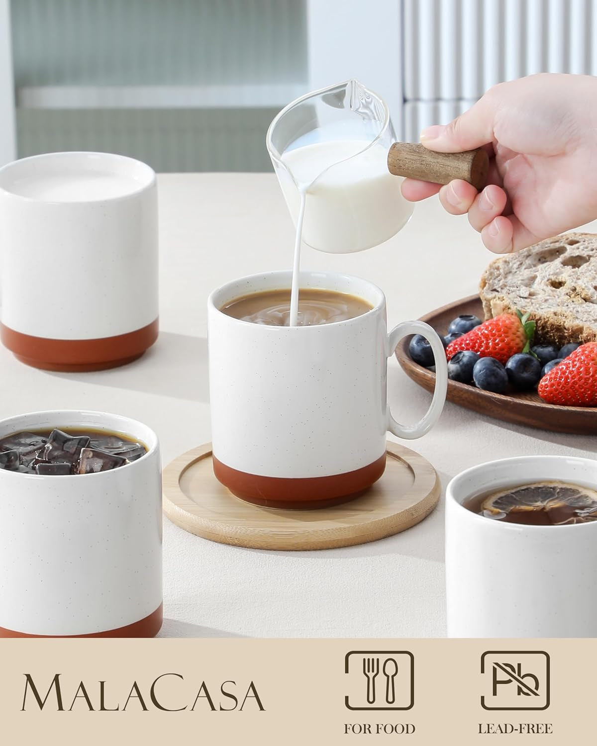 Sada hrnků na kávu MALACASA, sada hrnků z kameniny 350ml pro 4 osoby, moderní hrnky na kávu na čaj, džus, latte, cappuccino, horkou čokoládu. Vhodné do myčky a mikrovlnné trouby, série TARA, khaki bílá