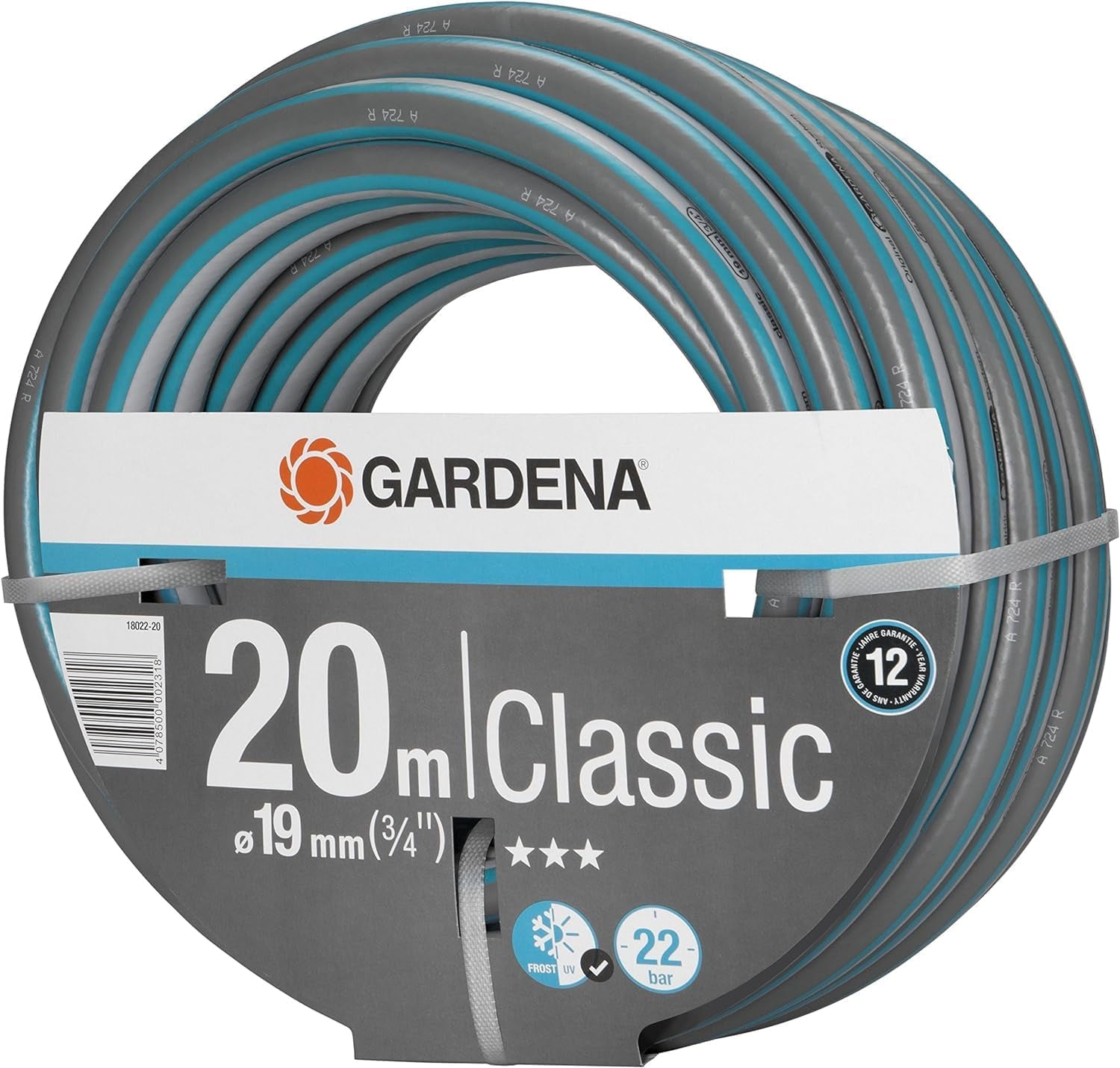 Gardena Classic hadice 19 mm (3/4 palce), 20 m: Univerzální zahradní hadice z robustní tkaniny, křížově tkaná, tlak při roztržení 22 barů, odolná proti UV záření, bez systémových komponent, záruka 12 let (18022-20)