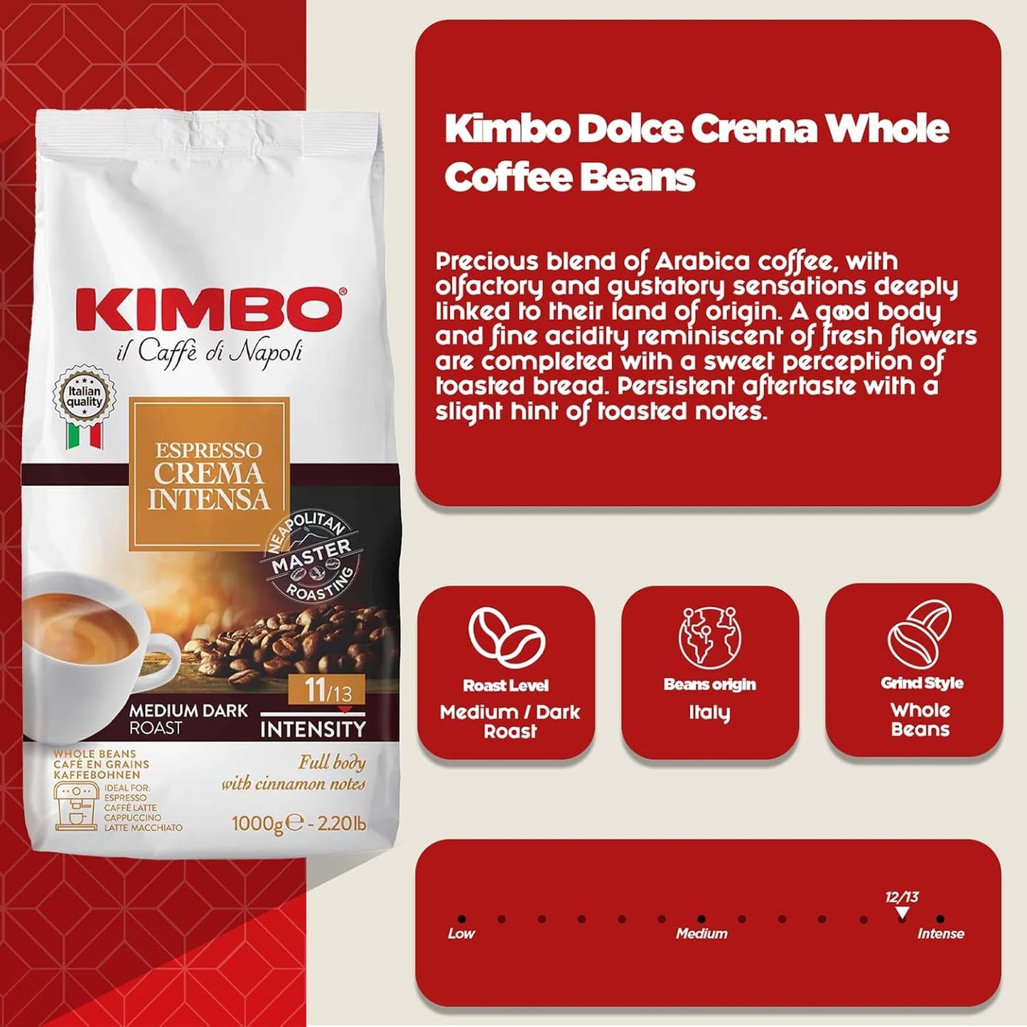 Espresso Crema Intesa, 6 kávových zrn x 1 kg, plná a intenzivní směs, intenzita 11/13, střední pražení, 6 balení po 1 kg