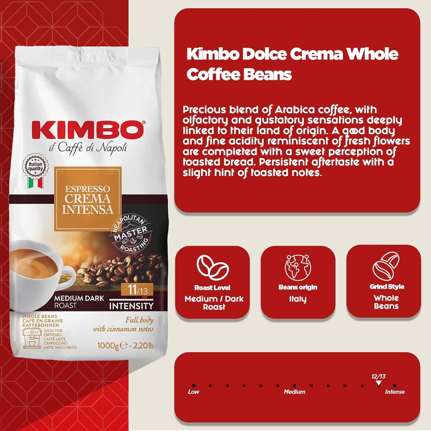 Espresso Crema Intesa, 6 kávových zrn x 1 kg, plná a intenzivní směs, intenzita 11/13, střední pražení, 6 balení po 1 kg