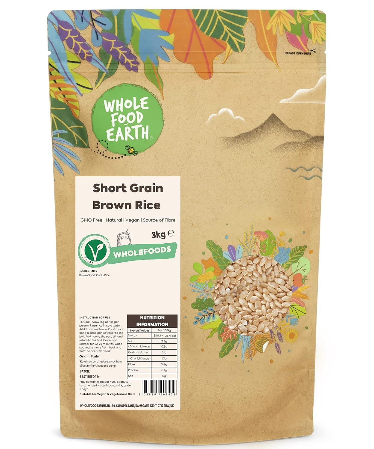 Wholefood Earth krátkozrnná hnědá rýže - bez GMO - přírodní - veganská - bez mléčných výrobků - bez přidaného cukru, 3 kg