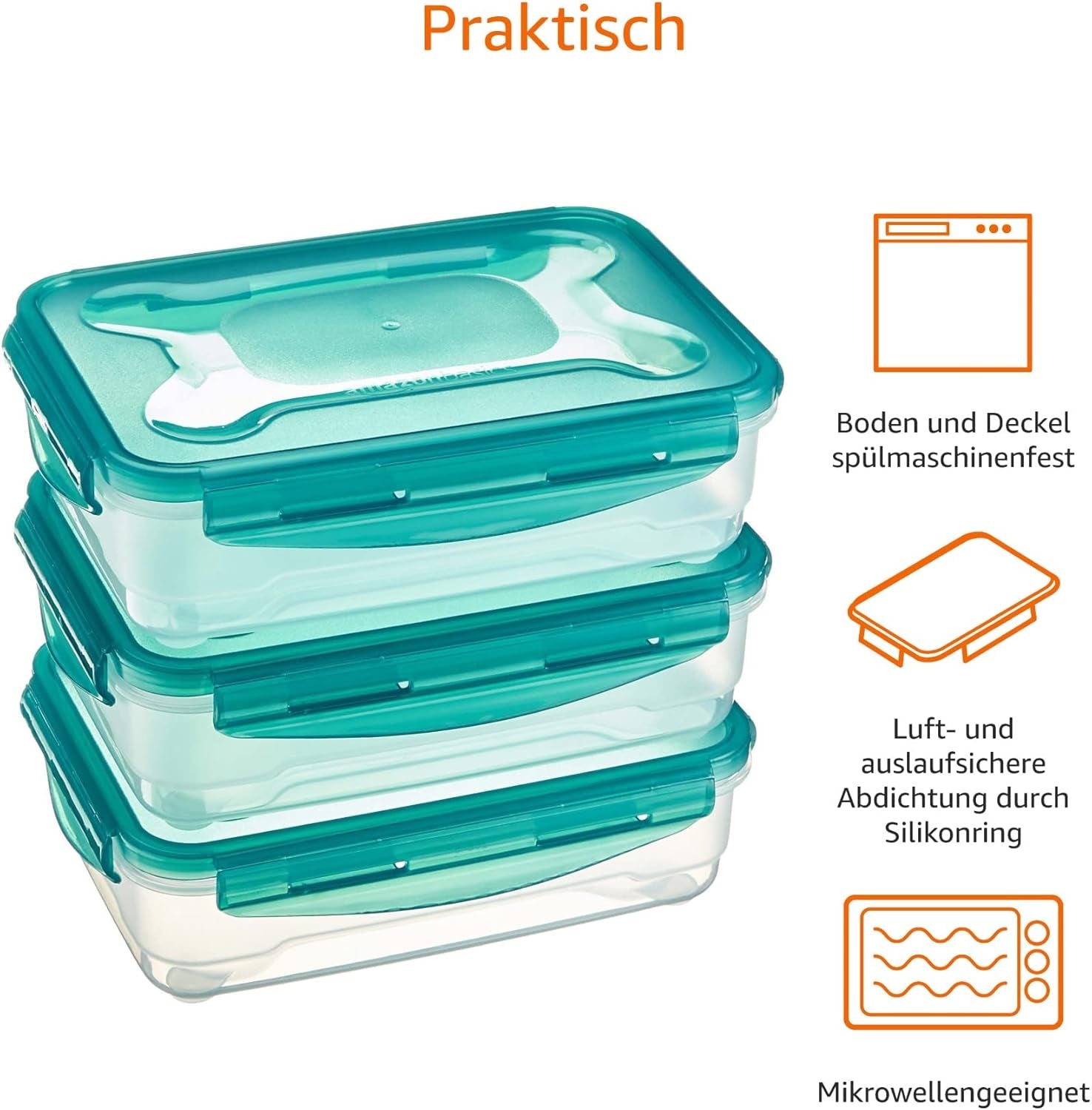 Amazon Basics mrazicí kontejnery v sadě, s víky, odolné proti úniku, stohovatelné, lednička/mraznička, bez BPA, plastové, vhodné do mikrovlnné trouby a myčky, 3 x 1,2 l, průhledné boxy na skladování potravin Naty Shop