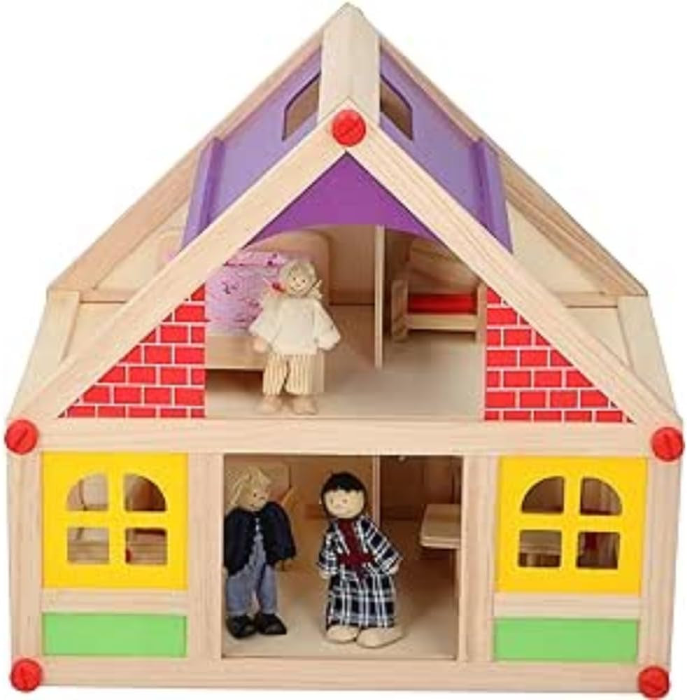 Dřevěné hračky loutky - Dřevěný domeček pro panenky s nábytkem a panenkami - 11 kusů Domky pro panenky Naty Shop Výchozí název