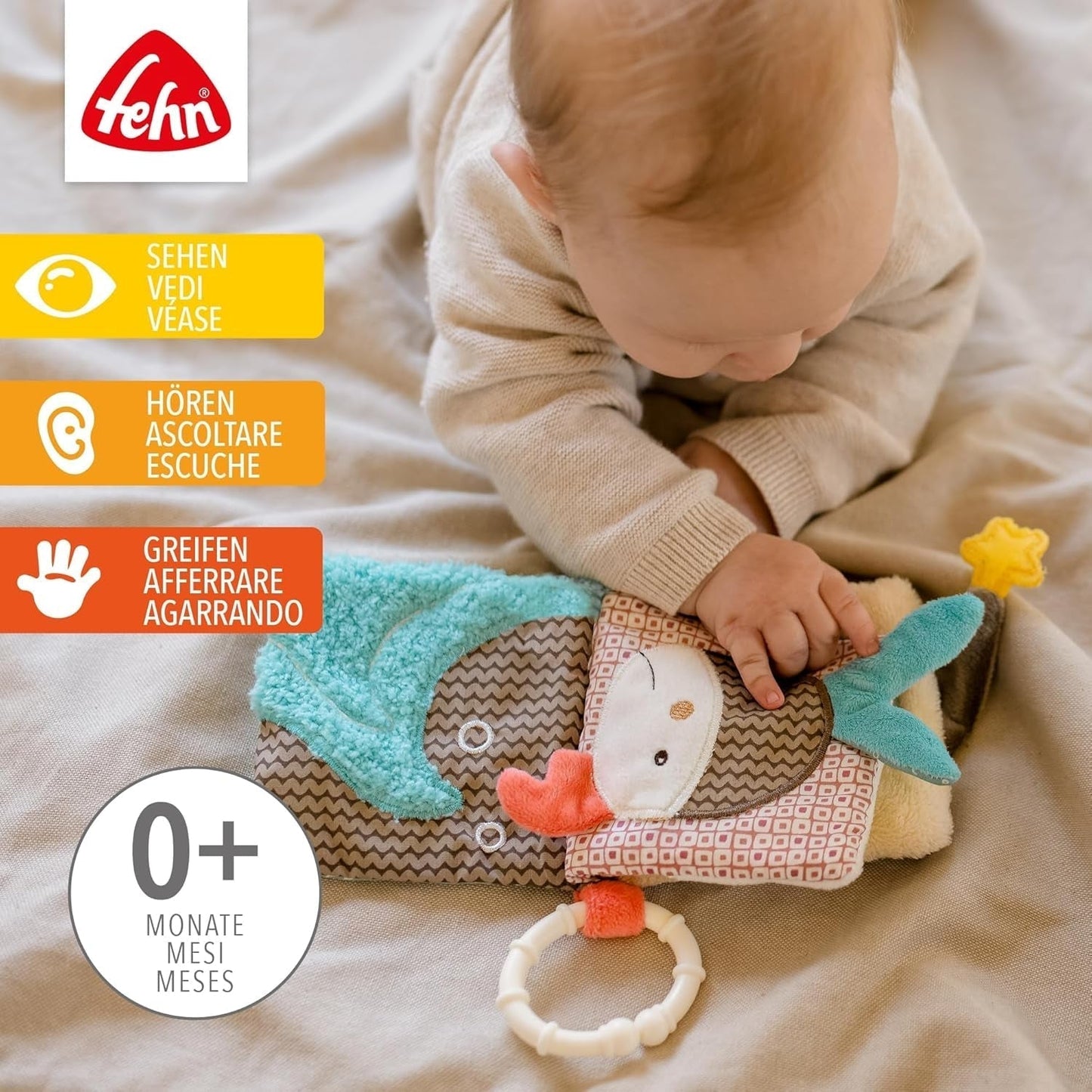 Fehn Soft obrázková knížka Bruno - měkká knížka pro miminka z látky s motivy zvířátek - látková knížka na zavěšení do kočárku a autosedačky - knížka s petardami pro miminka a děti od 0+ měsíců Baby Toys Naty Shop