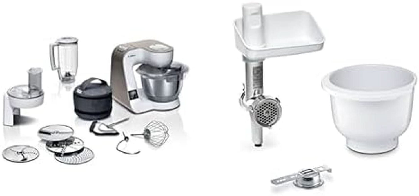 Kuchyňský robot Bosch Series 4 MUM5X720, integrovaná váha, nerezová mísa 3,9 l, mixér 1,25 l, 1000 W Příslušenství Balíček potravin a kojení Baby Naty Shop Balíček s příslušenstvím Bakingsensation White Champagne 2