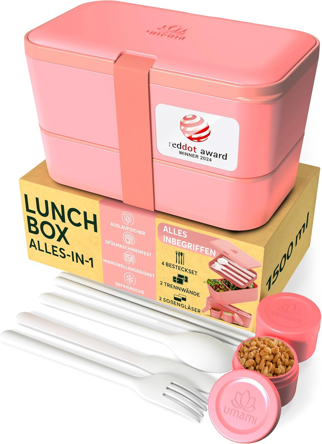 Umami Lunch Box pro dospělé, Netěsný stohovatelný Bento Box se 4 příbory a přihrádkami, Box na oběd pro dospělé, To-Go Zásobník na salát, Piknik / Kancelář Lunch Box, Charcoal Grey, 1500 ml