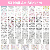 53 Blätter Nagelsticker, Nail Art Pinsel Und Dekorationen Set, 15 PCS Pinsel, 5 PCS Dotted Pen, Strasssteine, Blattgold Für Nagelkunst, Nagel Pailletten, Nagelkunstwerkzeuge Und Dekorationssets