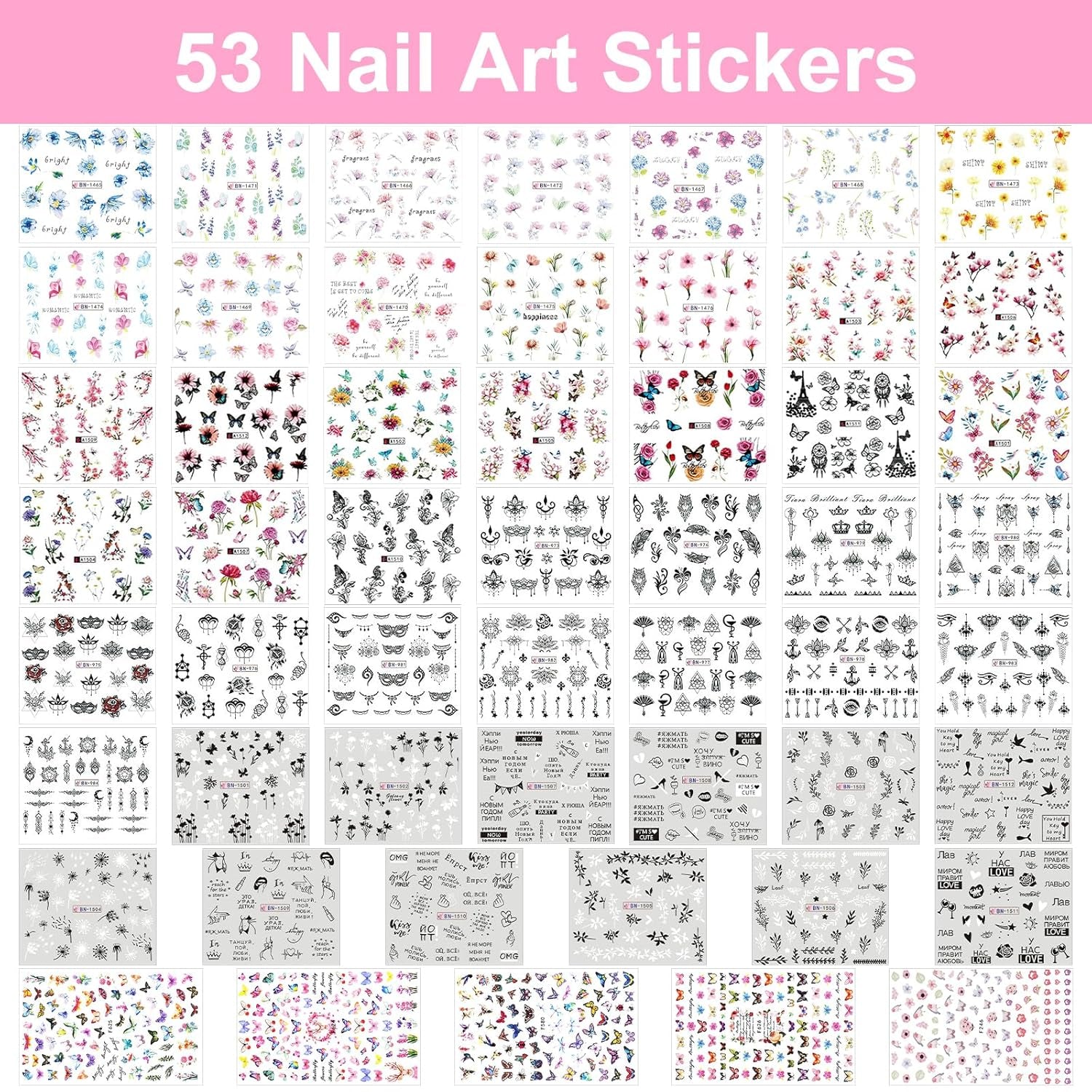 53 Blätter Nagelsticker, Nail Art Pinsel Und Dekorationen Set, 15 PCS Pinsel, 5 PCS Dotted Pen, Strasssteine, Blattgold Für Nagelkunst, Nagel Pailletten, Nagelkunstwerkzeuge Und Dekorationssets