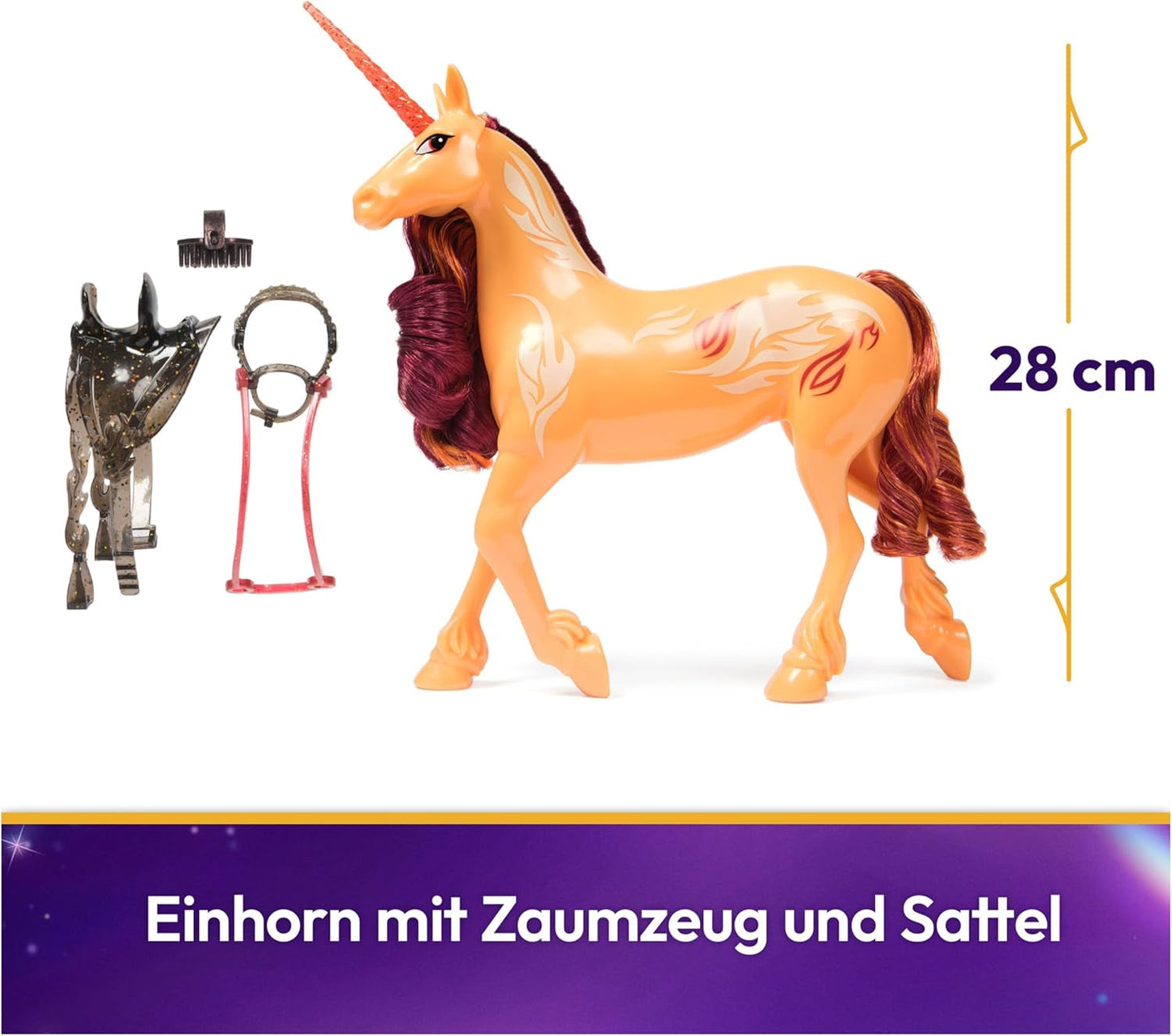Unicorn Academy Cinder the Unicorn – 28 cm vysoký, originální jednorožec Valentina ze série Netflix, se skutečnou hřívou a ocasem, odnímatelnou uzdou a sedlem a kartáčem, pro děti od 4 let