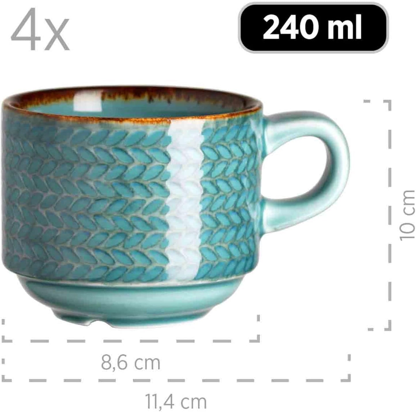 Kávový set Prospero Premium pro 4 osoby, kvalita restaurace, 12dílný moderní kávový servis v jedinečném stylu vintage, odolný porcelán, modrá