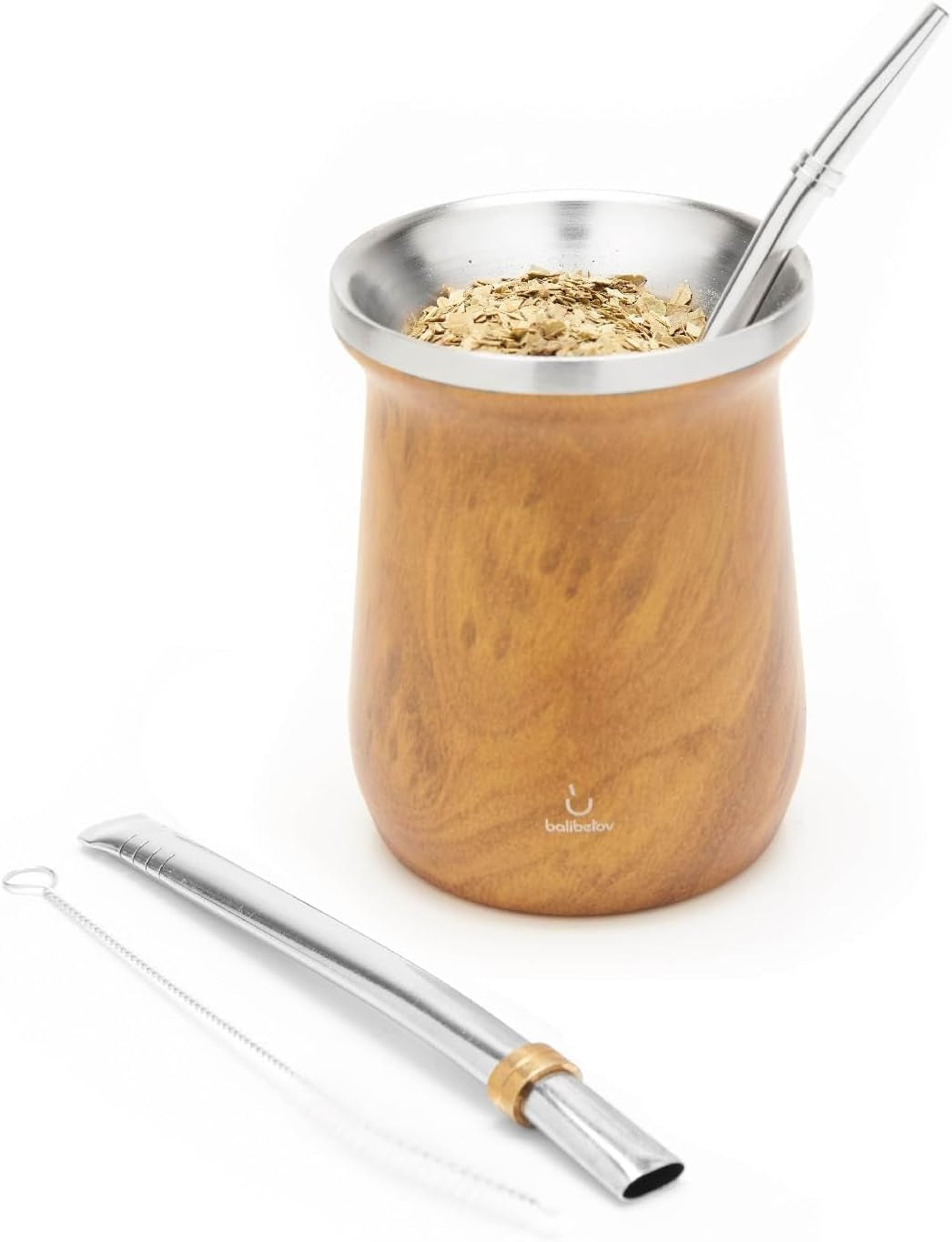 Balibetový čajový set Yerba Mate (hrnek Mate) vyrobený z nerezové oceli s bombillou (brčko) pro maté, Snadno se čistí a velmi odolný set Yerba Mate (DŘEVO)