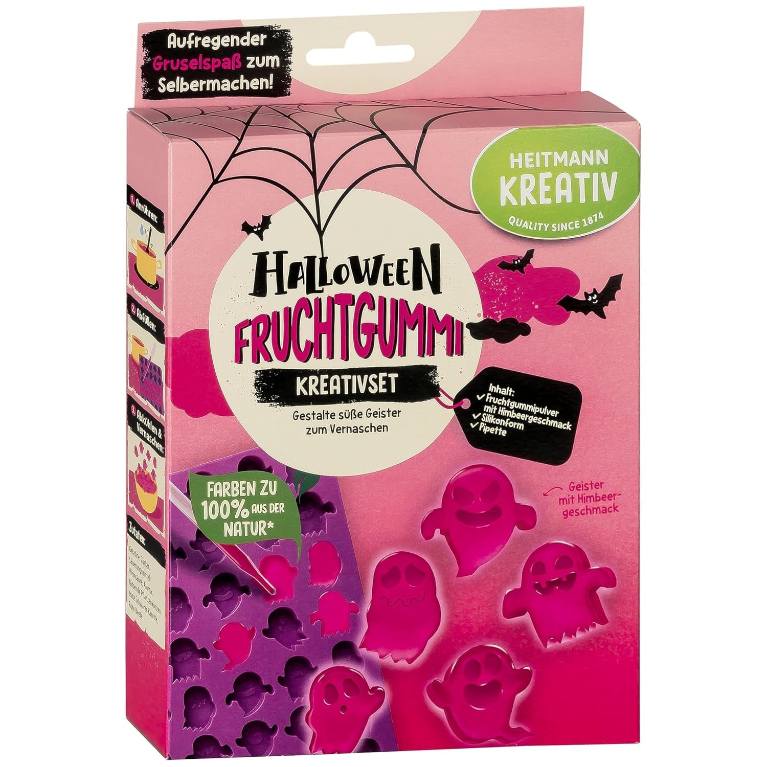 HEITMANN KREATIV - Sada kreativních halloweenských ovocných žvýkaček - rostlinná prášková barviva - růžová - DIY ovocné žvýkačky ve tvaru ducha s příchutí maliny