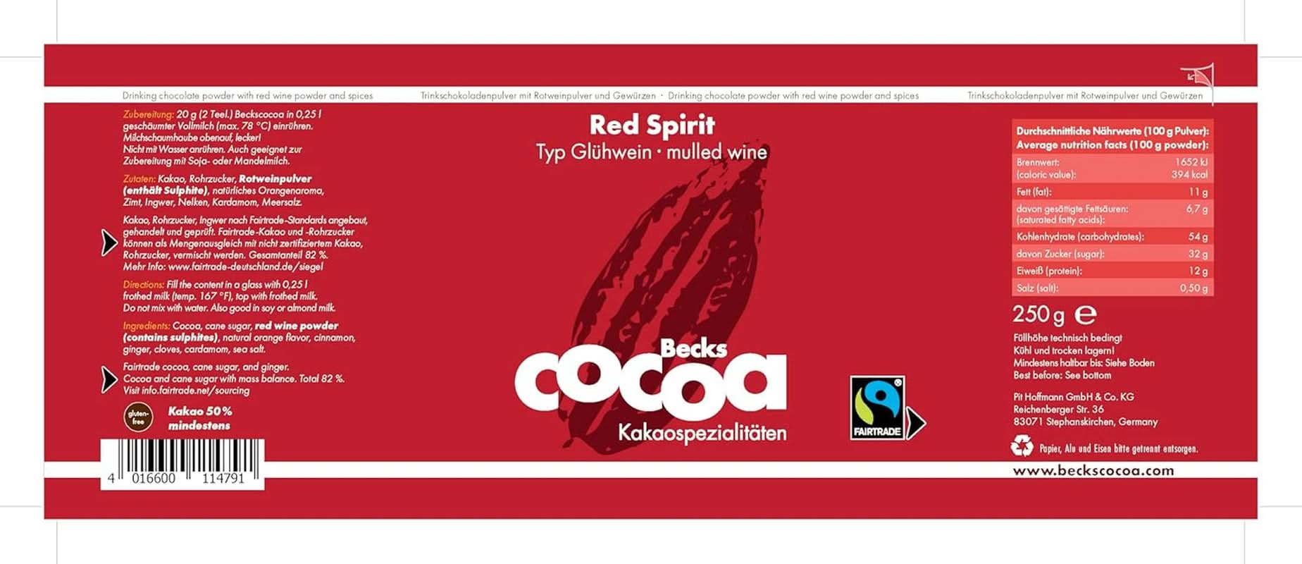 Red Spirit, jemné kakao s příchutí červeného vína, 250 gramů kakaa a horké čokolády Naty Shop