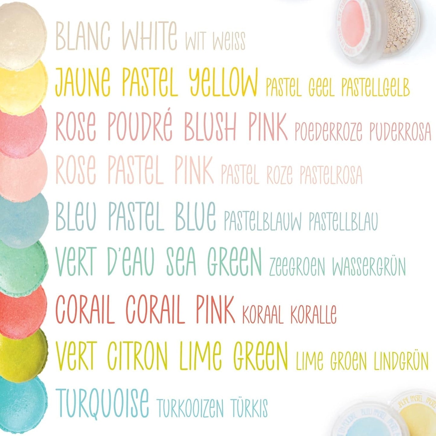 Scrapcooking - Sada 9 pastelových potravinářských barviv - Modrá, Žlutá, Korálová, Růžová, Tyrkysová, Limetkově zelená, Bílá, Aqua zelená, Powder Pink - Jedlé barvivo v prášku na dorty, muffiny, macarony - 4272