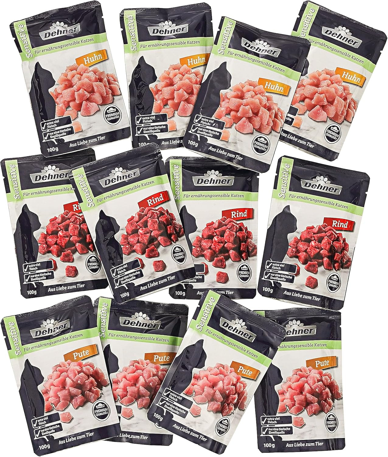 Dehner Premium Katzenfutter Sensitive Multipack, Nassfutter, für ernährungsensible Katzen, je 4 x Huhn / Rind / Pute, 12 x 100 g sáček (1,2 kg)