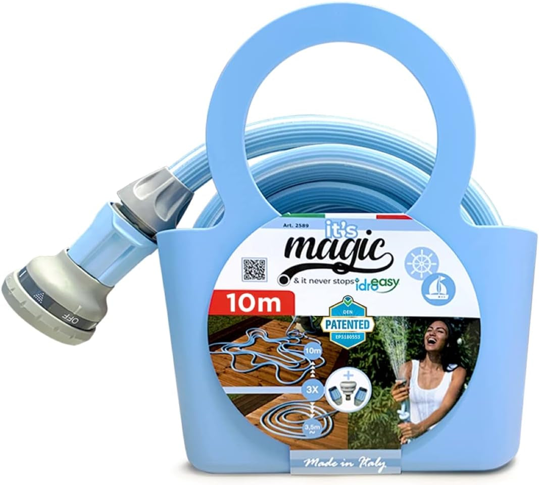 Magic Blue 10metrová prodlužovací zahradní hadice odolná proti uzlu a kroucení se sáčkem a rozprašovací tryskou