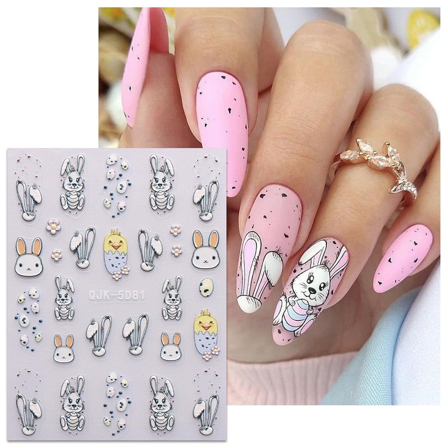 JMEOWIO 6 Blatt 3D Nálepka na nehty Ostern Nail Art Nálepka Selbstklebend Nagelaufkleber 5D Stereoskopisch Süßer Hase Ei Dekoration Nageldesign Zubehör