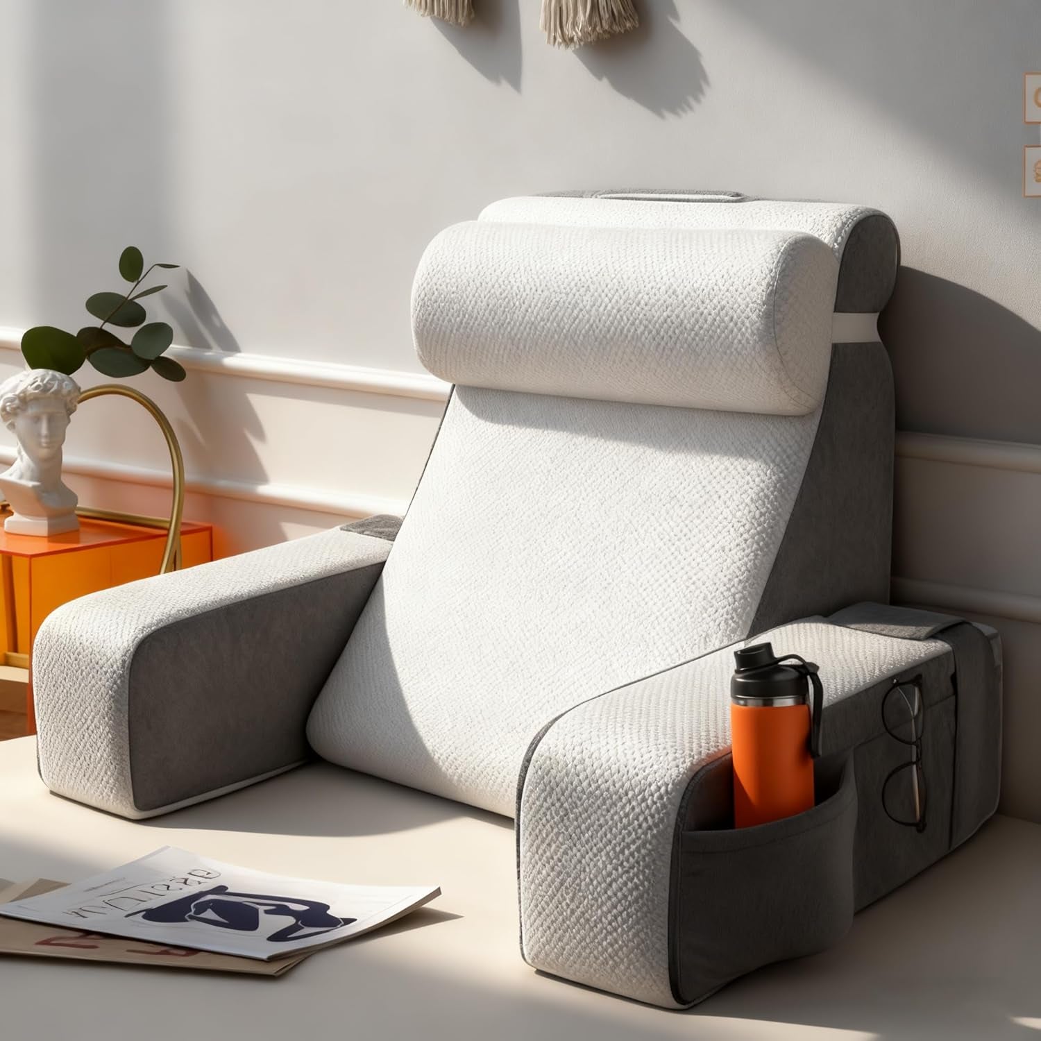 Velký polštář na čtení s odnímatelnou oporou krku a područkami, zádový polštář do postele, ergonomický zádový polštář s paží, kapsou a pratelným potahem na čtení a sledování televize.