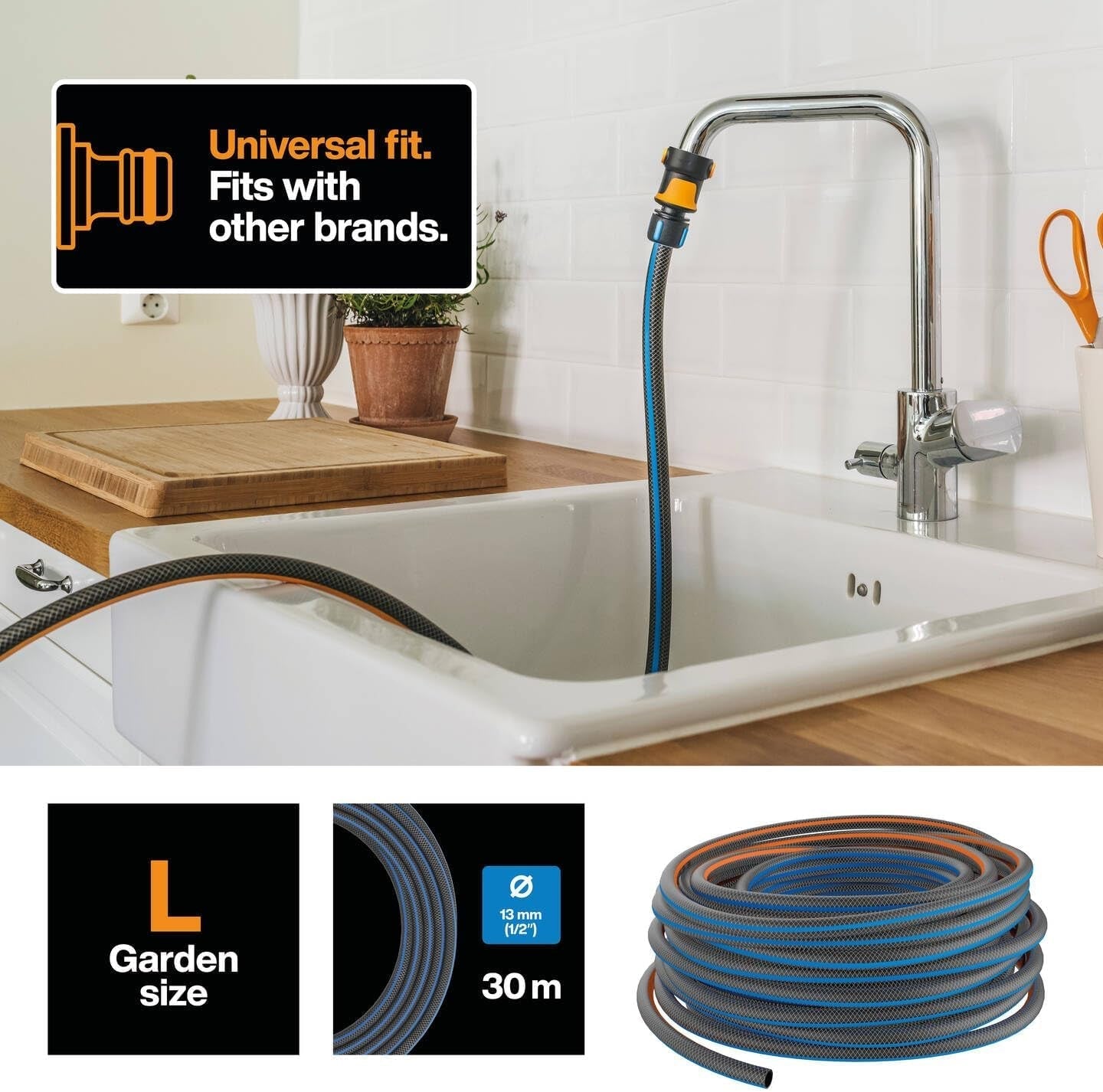 Fiskars L vodní hadice, UV ochrana, tlakově testováno, stupeň torzní tuhosti 4 (z 5), 30 m, Ø 1,3 cm (1/2"), 4,2 kg, černá/oranžová/modrá, 1027105