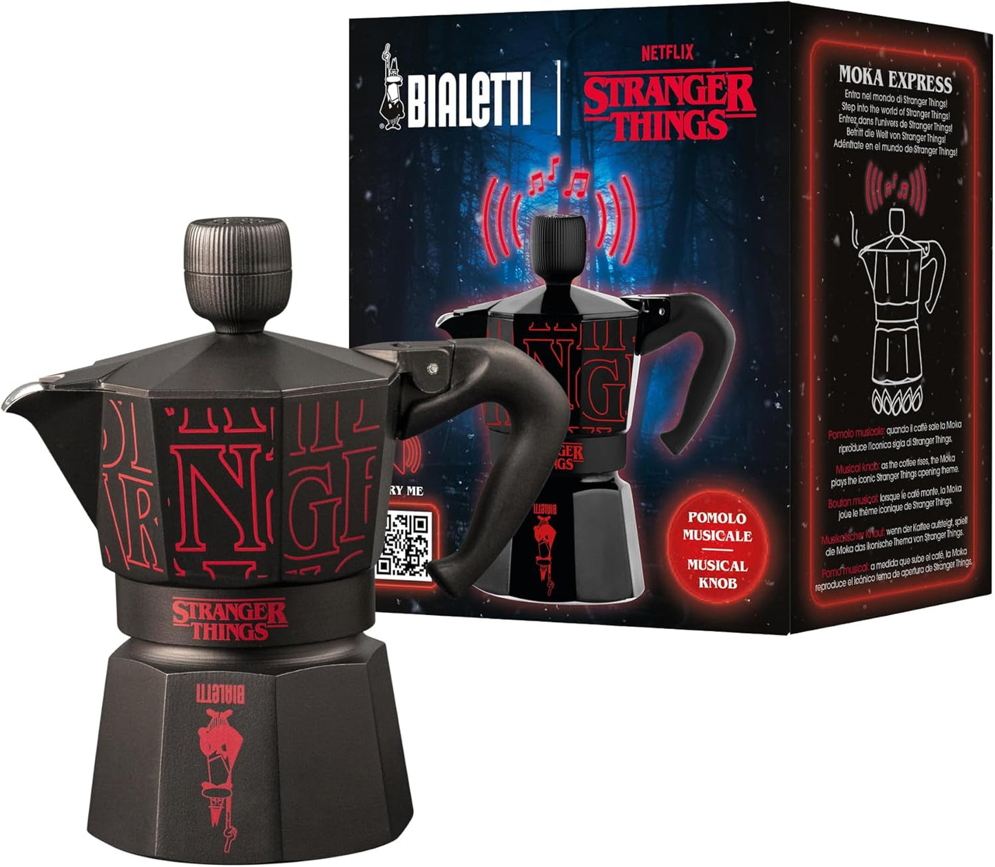 Kávovar Bialetti Moka Express Stranger Things na 3 šálky, Tlačítko Music s funkcí nabíjení USB-C, Nevhodné pro indukční varné desky, 3 šálky (130 ml), Černá