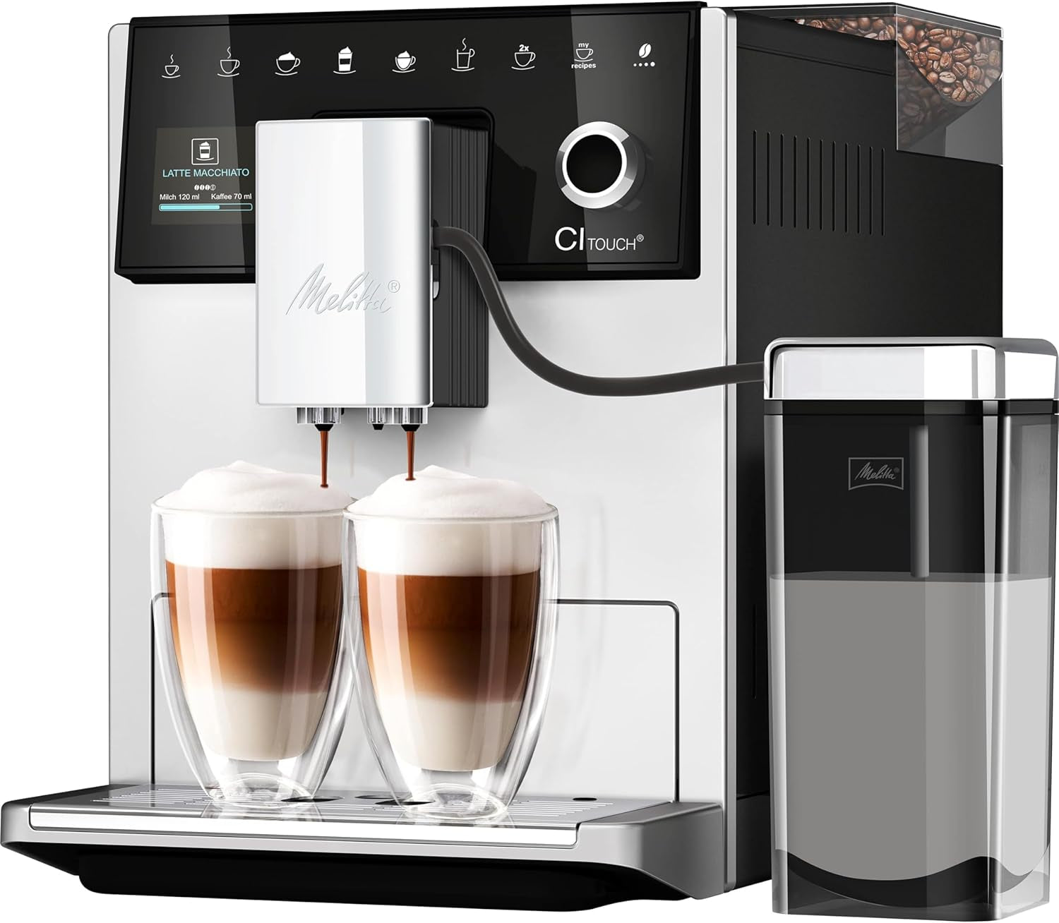 Melitta CI Touch - Plně automatický espresso kávovar s mléčným systémem, espresso kávovar s integrovaným mlýnkem na kávu a napěňovačem mléka, kupř. na espresso nebo cappuccino, stříbrná