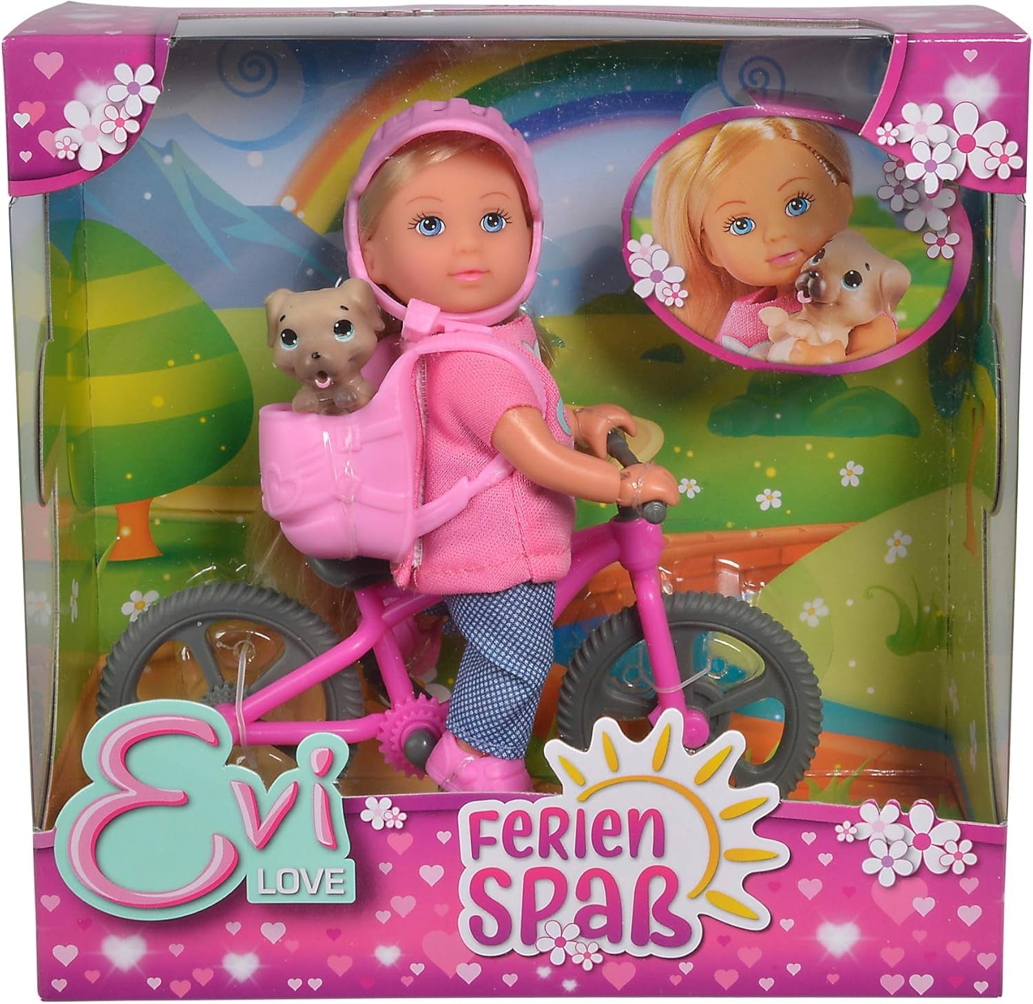 Simba 105733273 - Evi Love Fun Holiday Bike panenka s kolem, psem a batohem, módní panenka, 12 cm, pro děti od 3 let