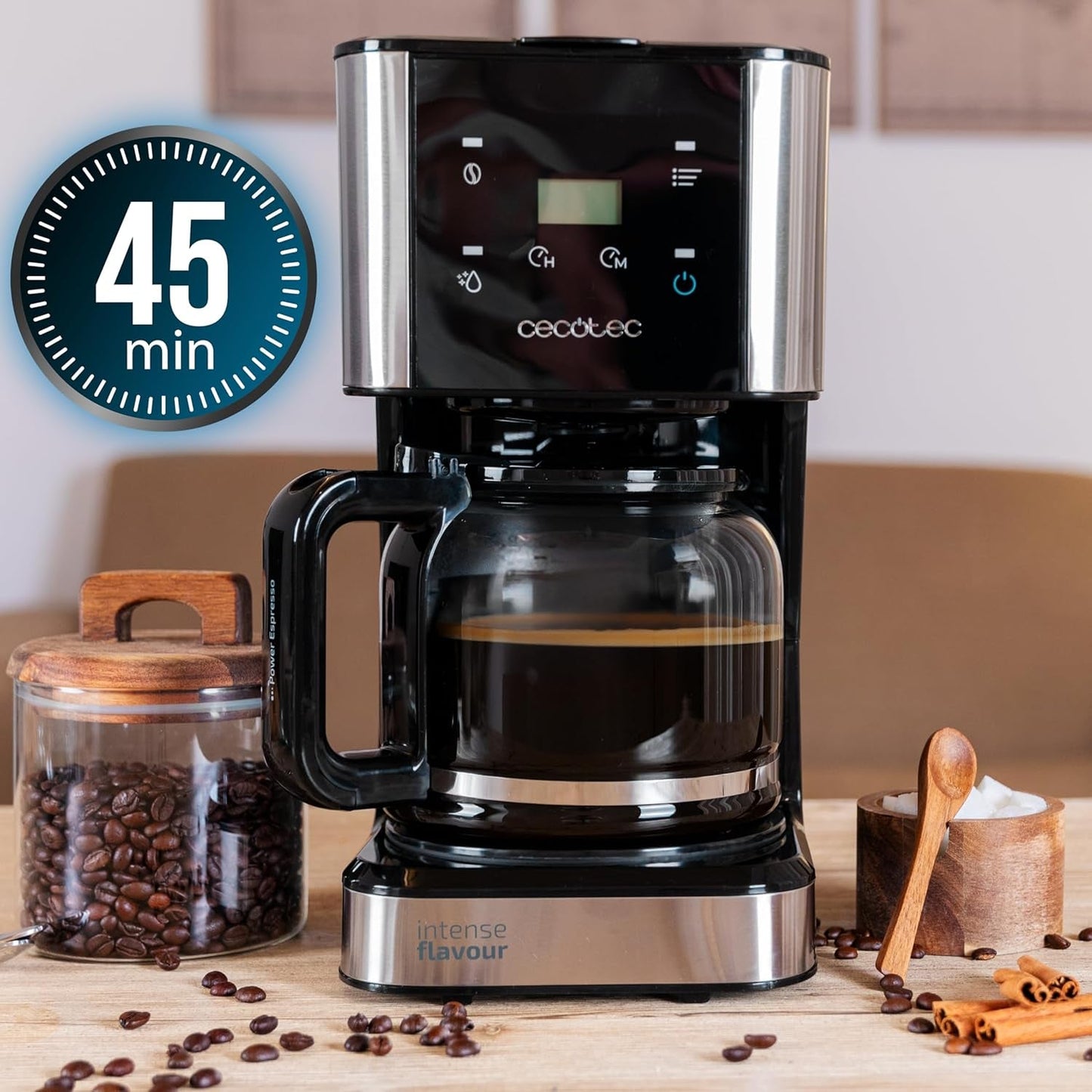 Espresso s filtrem Cecotec Coffee 66 Drop and Touch, výkon 950 W, 1,5 l, 12 šálků, dotykový displej, skleněná karafa, 24hodinový časovač, 6 spínačů, opakovaně použitelný síťový filtr