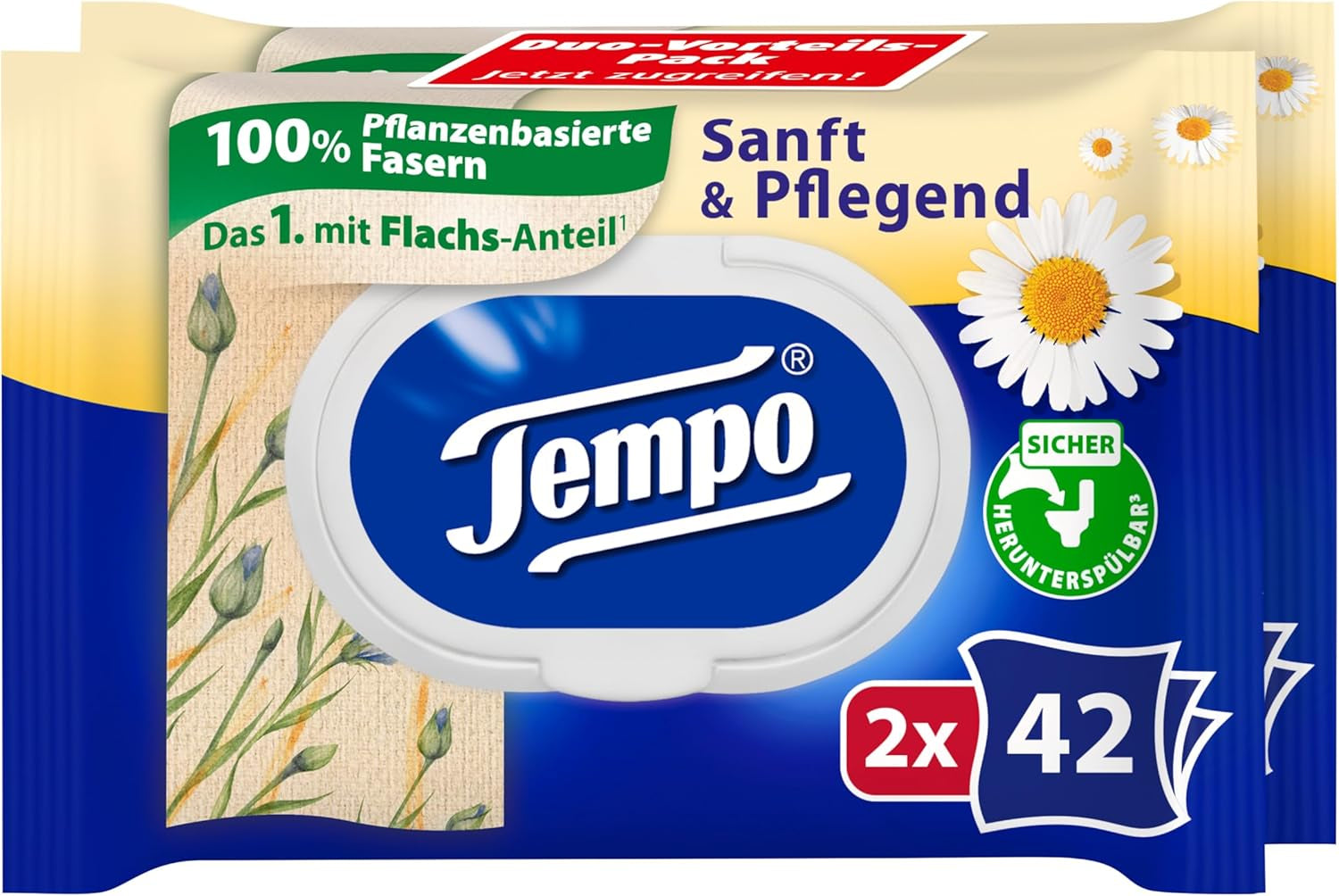 Toaletní ubrousky Tempo "Gentle & Caring" - Megapack - 16 balení po 42 ubrouscích - Duo Packs - s přírodním heřmánkem - toaletní papír, dermatologicky testovaný a neutrální vůči pH pokožky
