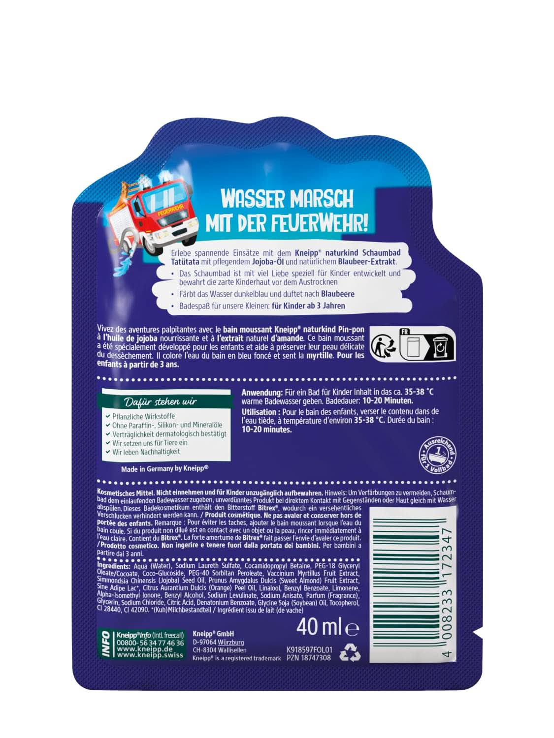 Kneipp Naturkind, přísada do koupele s vyživujícím jojobovým olejem a přírodním extraktem z borůvek, ovocná příchuť borůvky, modrá voda, 40 ml Sprcha a koupel Naty Shop