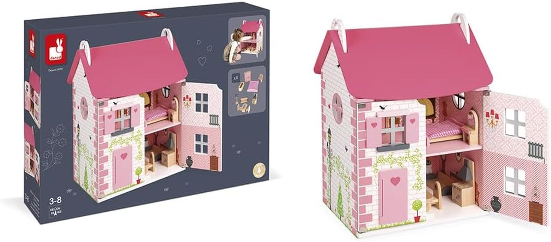 Janod - Dřevěný domeček pro panenky Mademoiselle, 3 patra a 11 doplňků, replika hračky, rozvíjí představivost, věk 3+, J06581, domečky pro panenky Pink Naty Shop