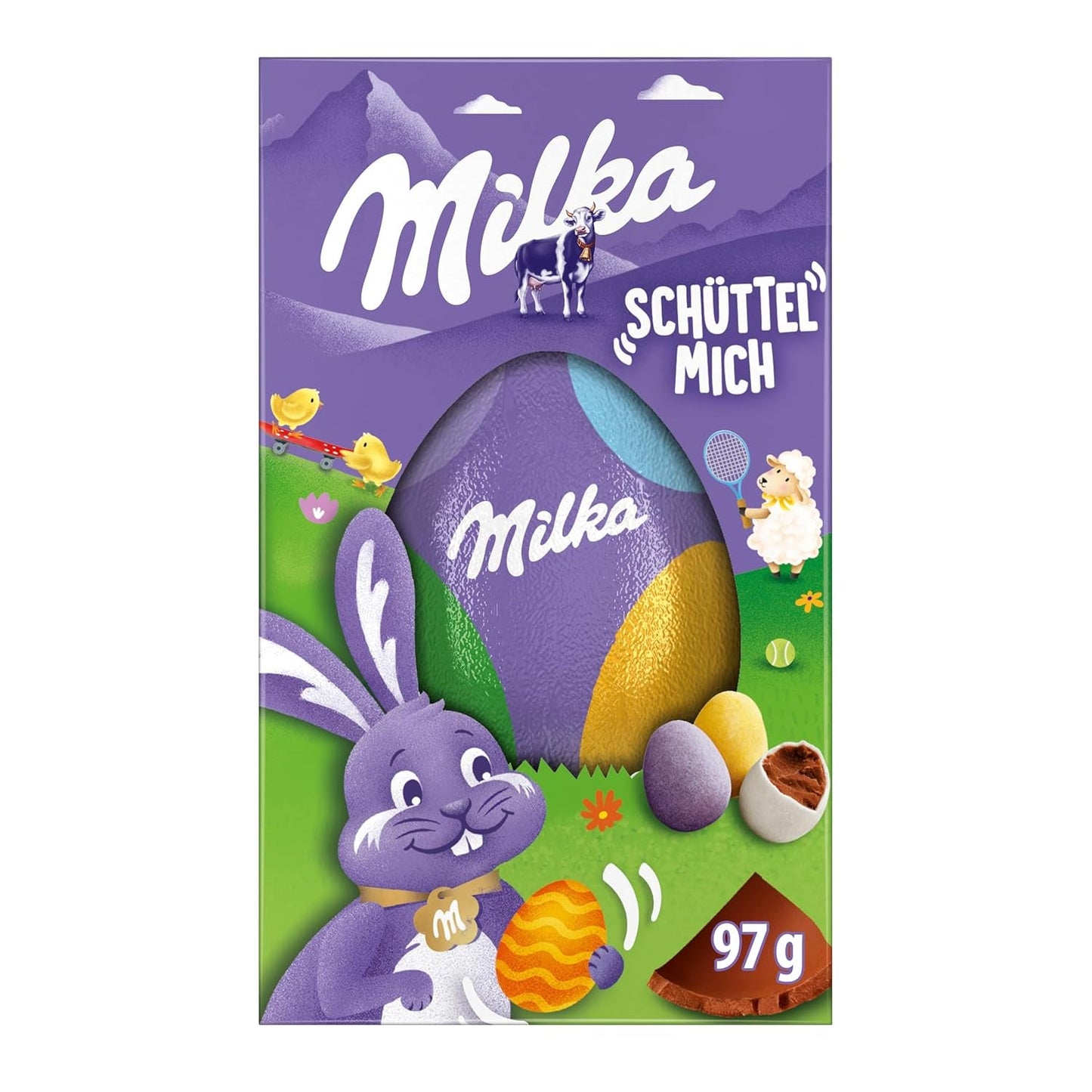 Milkshake Me Egg – čokoládové vajíčko plněné mini barevnými vejci z alpské mléčné čokolády – 97g