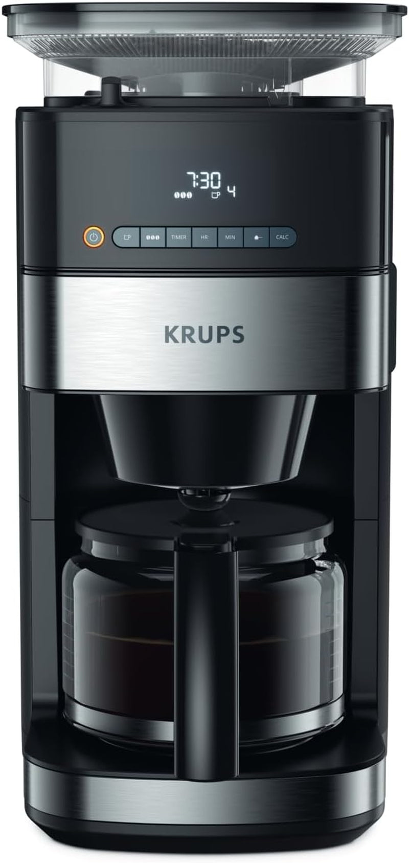 Krups Espresso kávovar KM8328 mletí s mlýnkem | 24hodinový časovač | Nádoba na obilí 180 g | Kapacita 1,25 l až pro 15 šálků kávy | Funkce automatického vypnutí | 3 nastavení mletí | Černý
