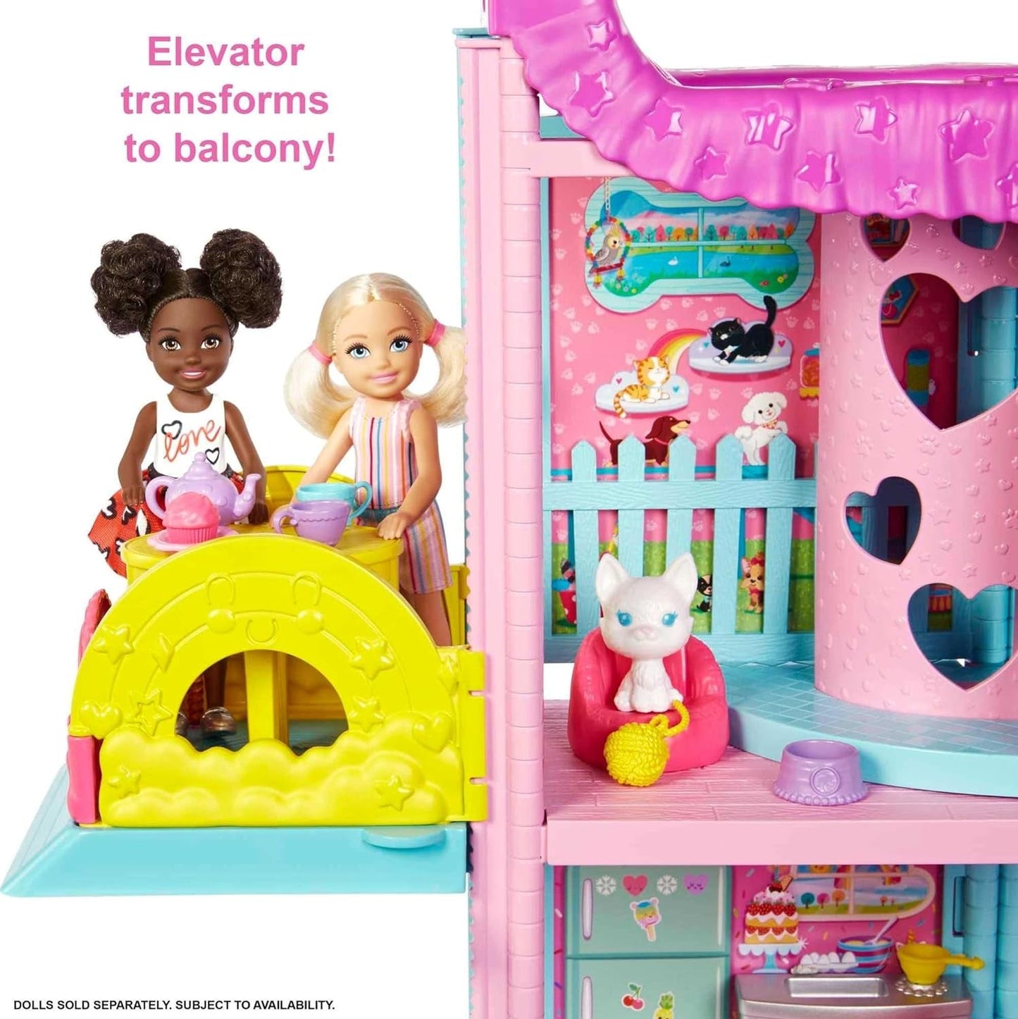 Barbie Chelsea Playhouse – 3 transformující se patra, tajná hřiště, výtah, bazén, skluzavka, 2 domácí mazlíčci a 20+ doplňků, pro věk 3+, HHX44 Naty Shop domečky pro panenky