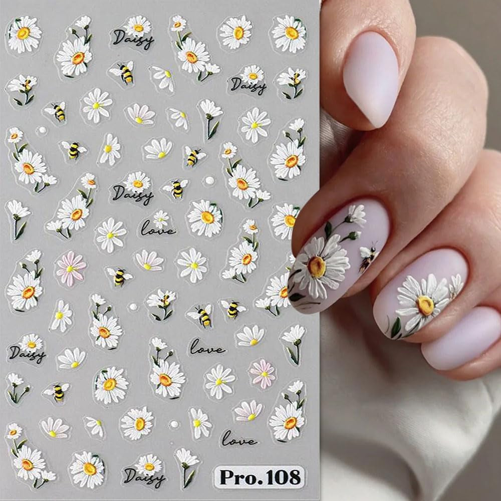 5ks Geprägte Gänseblümchen Nagelsticker Selbstklebend Blumen Nagelaufkleber Gänseblümchen Schmetterling Nagel Sticker Nageldesign Aufkleber Nägel Zubehör Blume Nail Sticker Flower Nail Art Stickers